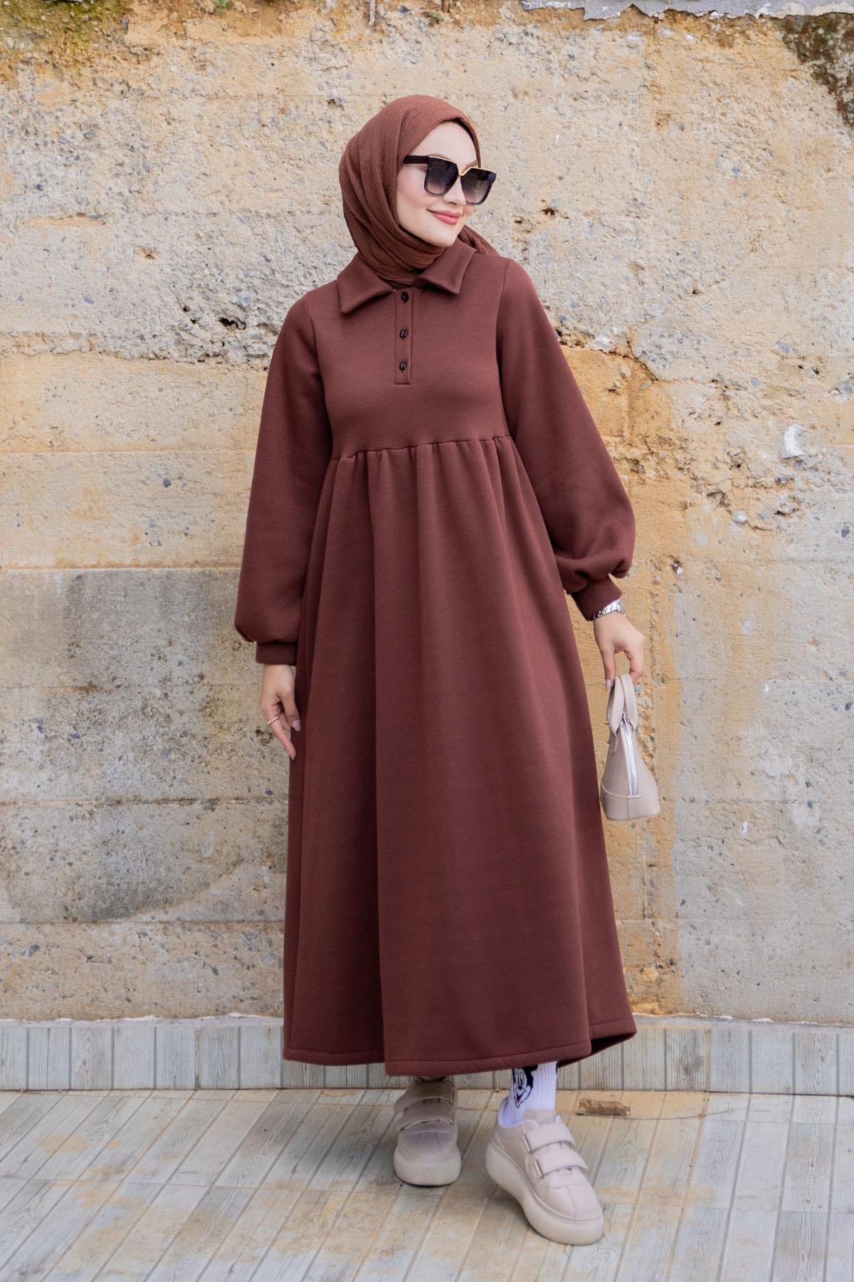 Yakalı Üç İplik Şardonlu Sweat Elbise-Khv