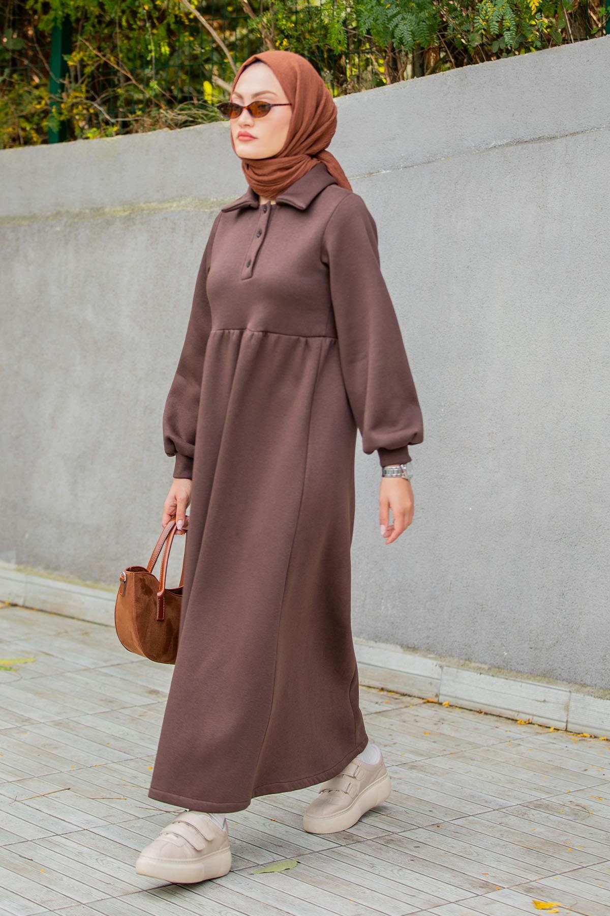 Yakalı Üç İplik Spor Robalı Elbise-Kahve