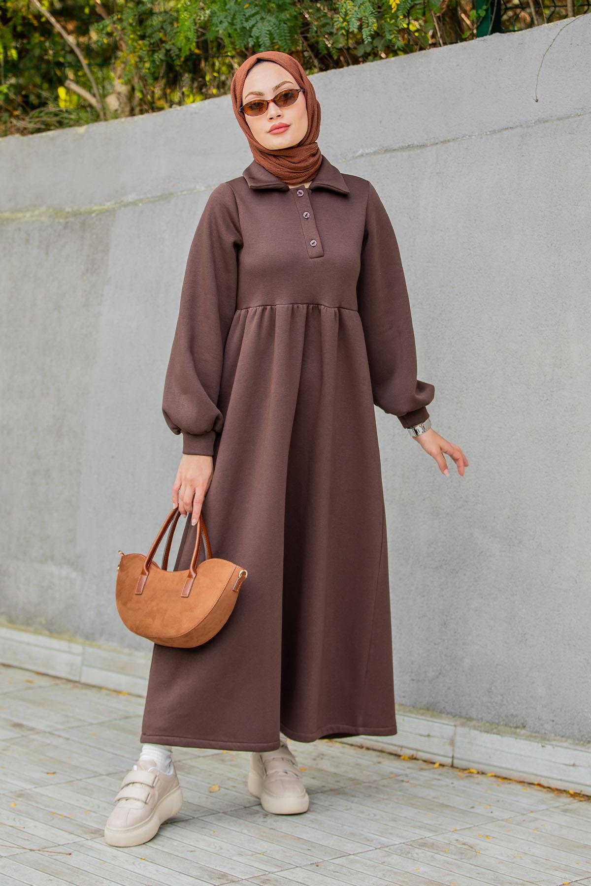 Yakalı Üç İplik Spor Robalı Elbise-Kahve