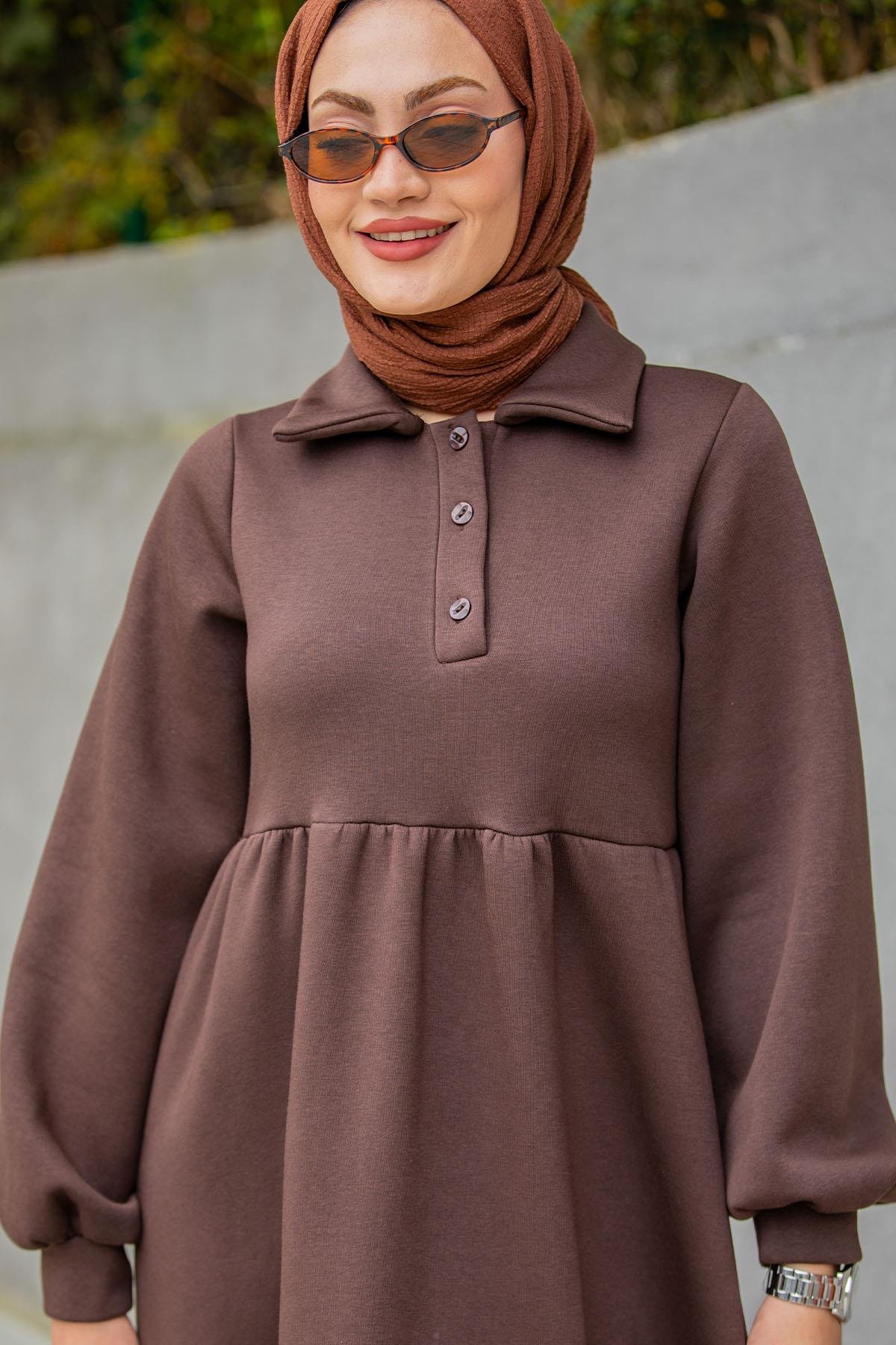 Yakalı Üç İplik Spor Robalı Elbise-Kahve