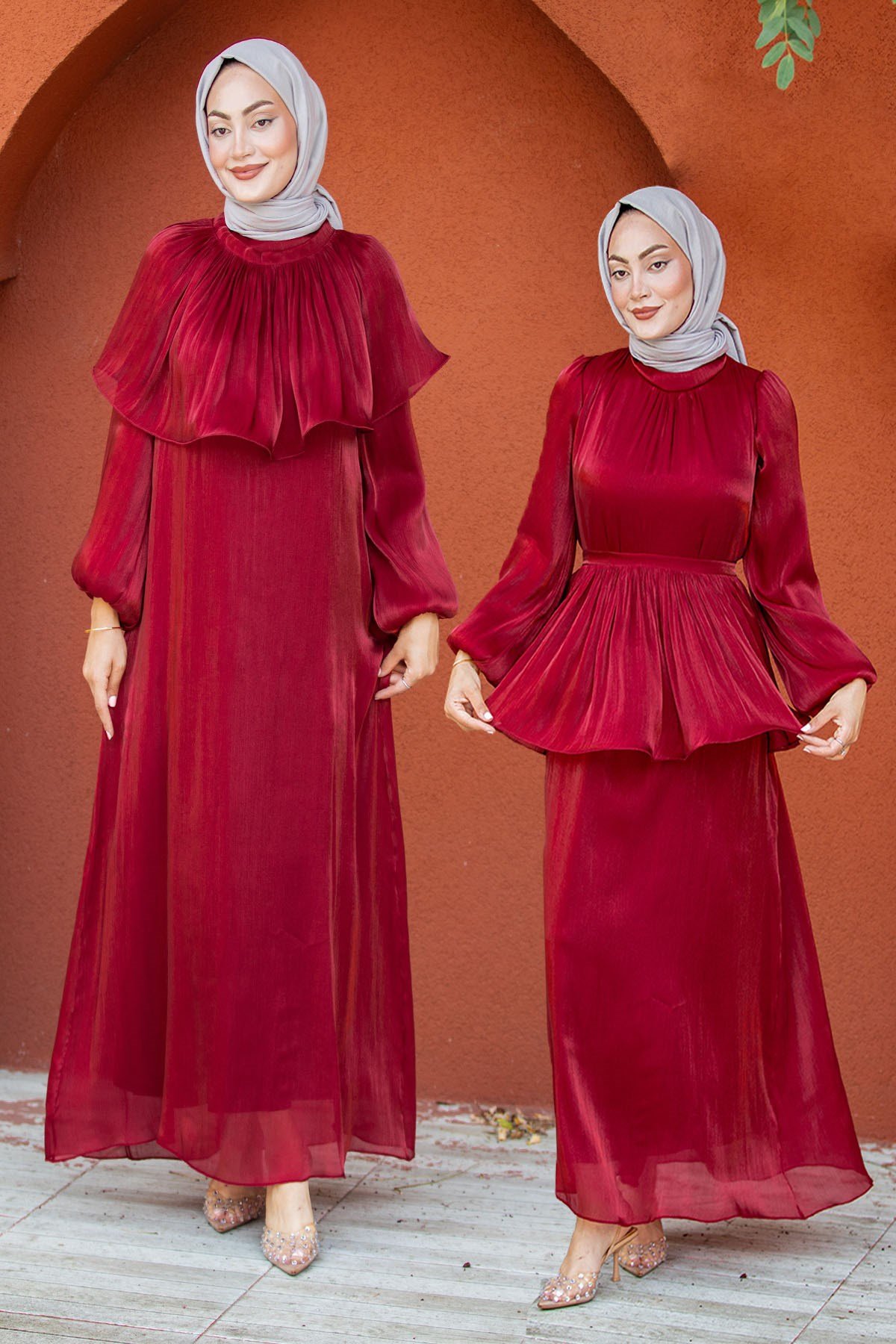 Yelly Seyyar Pelerinli Parlak Yoryo Abiye-Bordo