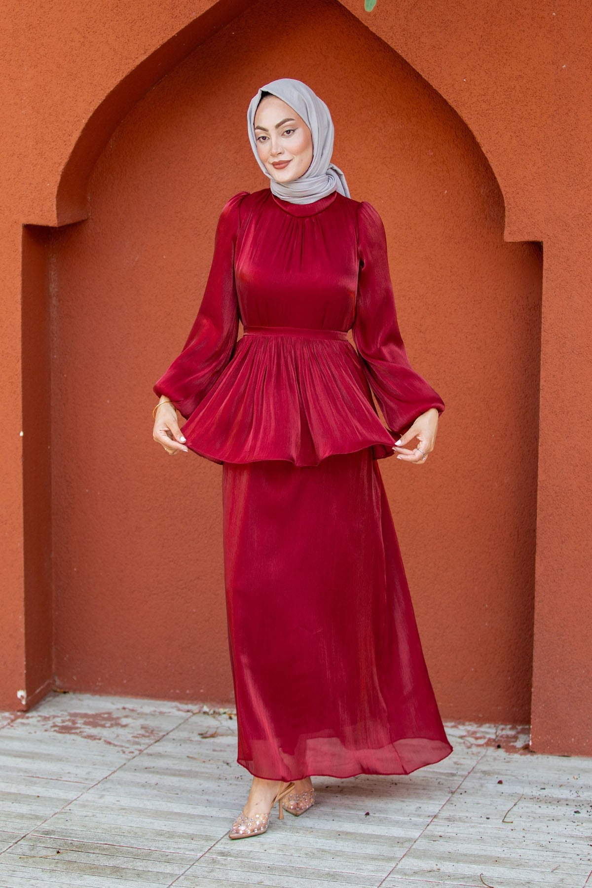 Yelly Seyyar Pelerinli Parlak Yoryo Abiye-Bordo