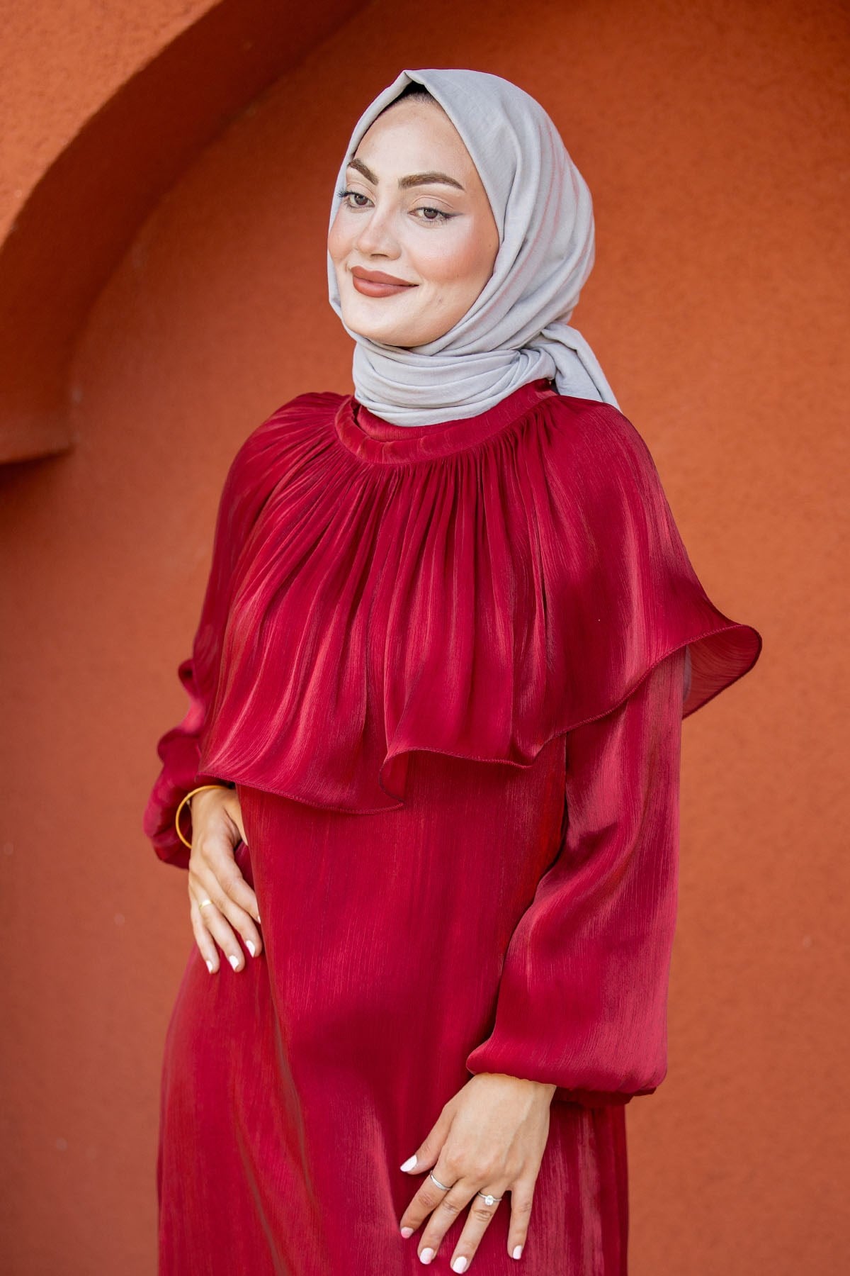 Yelly Seyyar Pelerinli Parlak Yoryo Abiye-Bordo