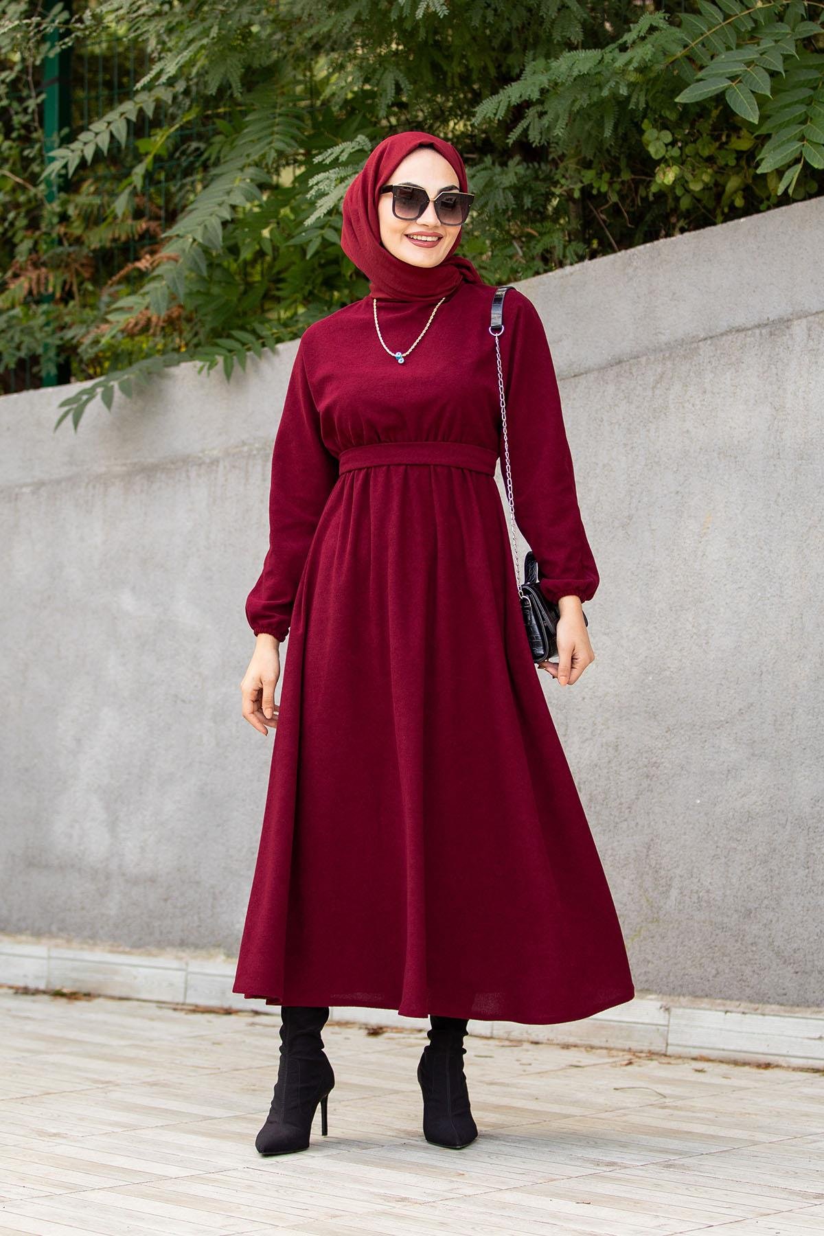 Yeni Havlı Mat Kadife Mevlana Elbise-Bordo