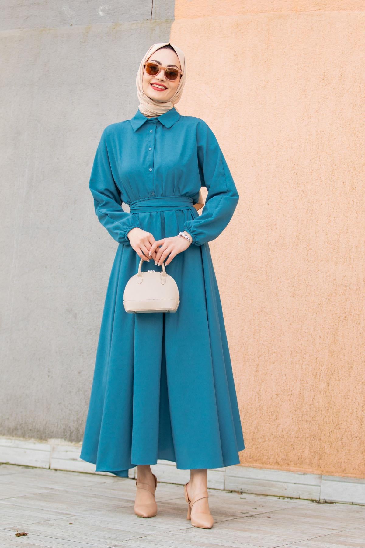 Yeni Sena Cotton Elbise-Petrol
