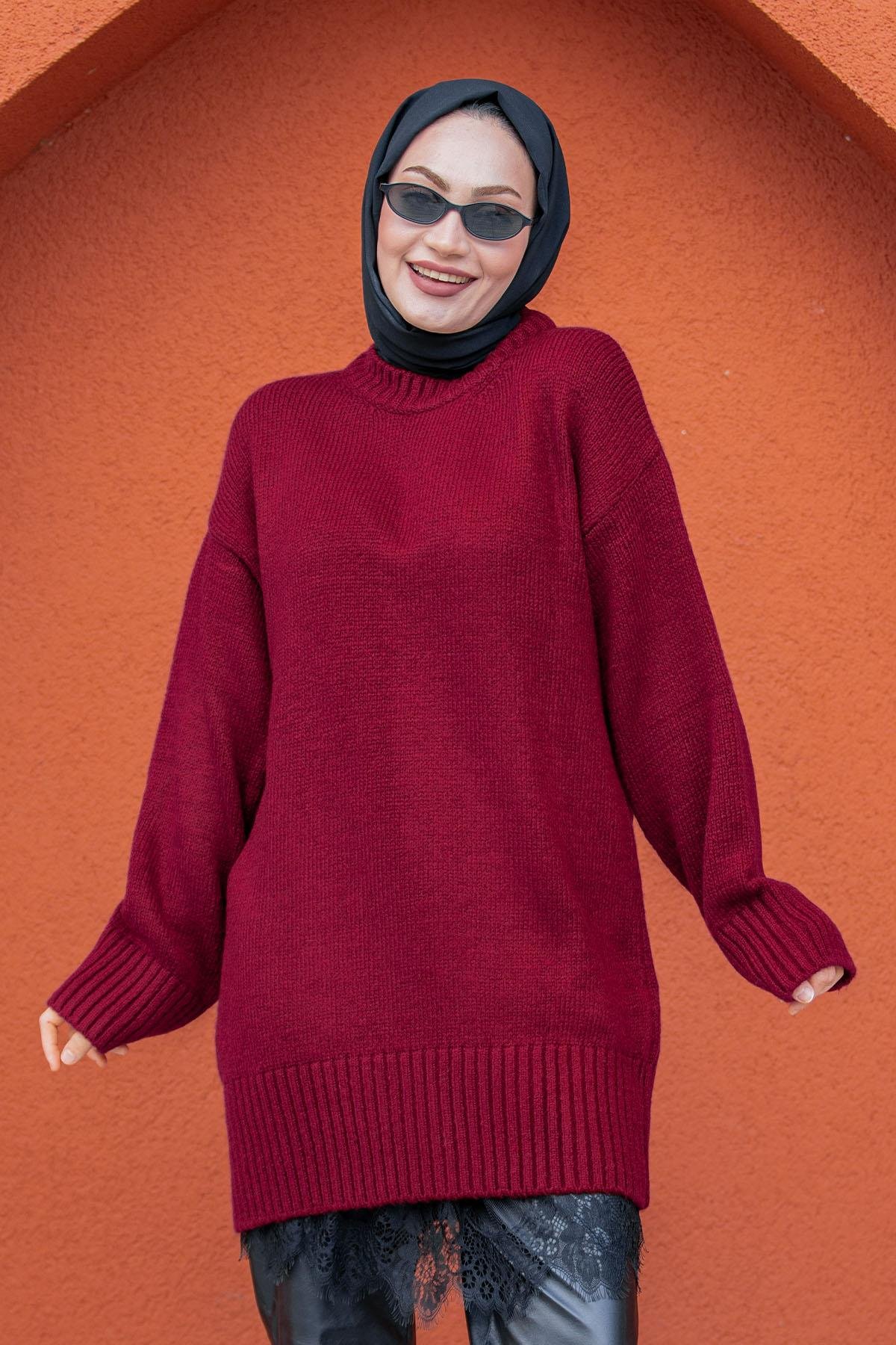 Yumoş Yün Triko Örme Kazak-Bordo