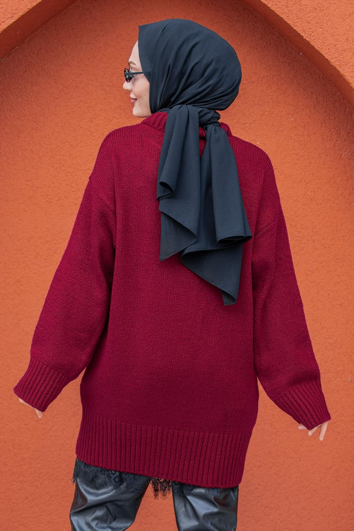 Yumoş Yün Triko Örme Kazak-Bordo