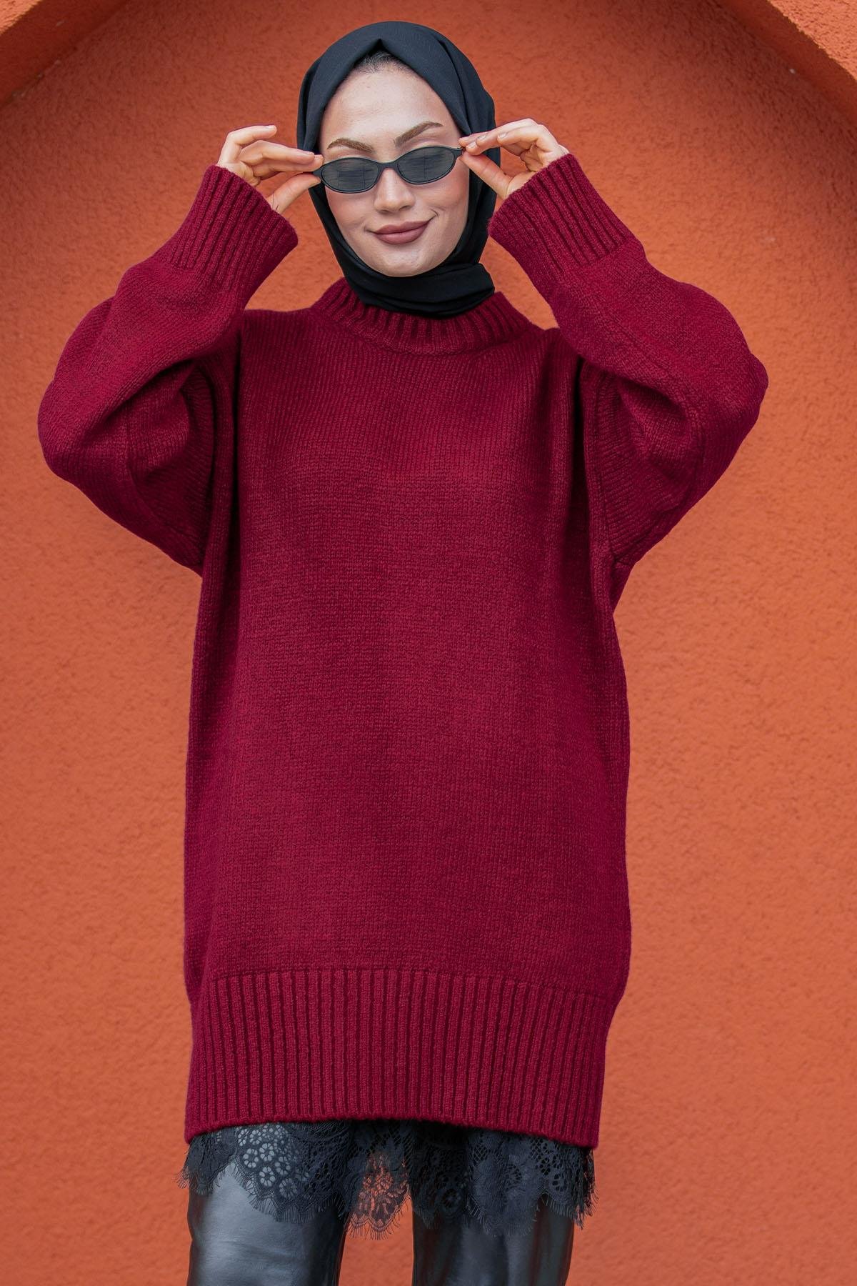 Yumoş Yün Triko Örme Kazak-Bordo