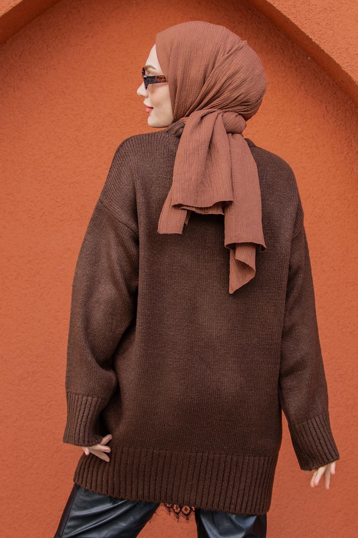 Yumoş Yün Triko Örme Kazak-Kahve