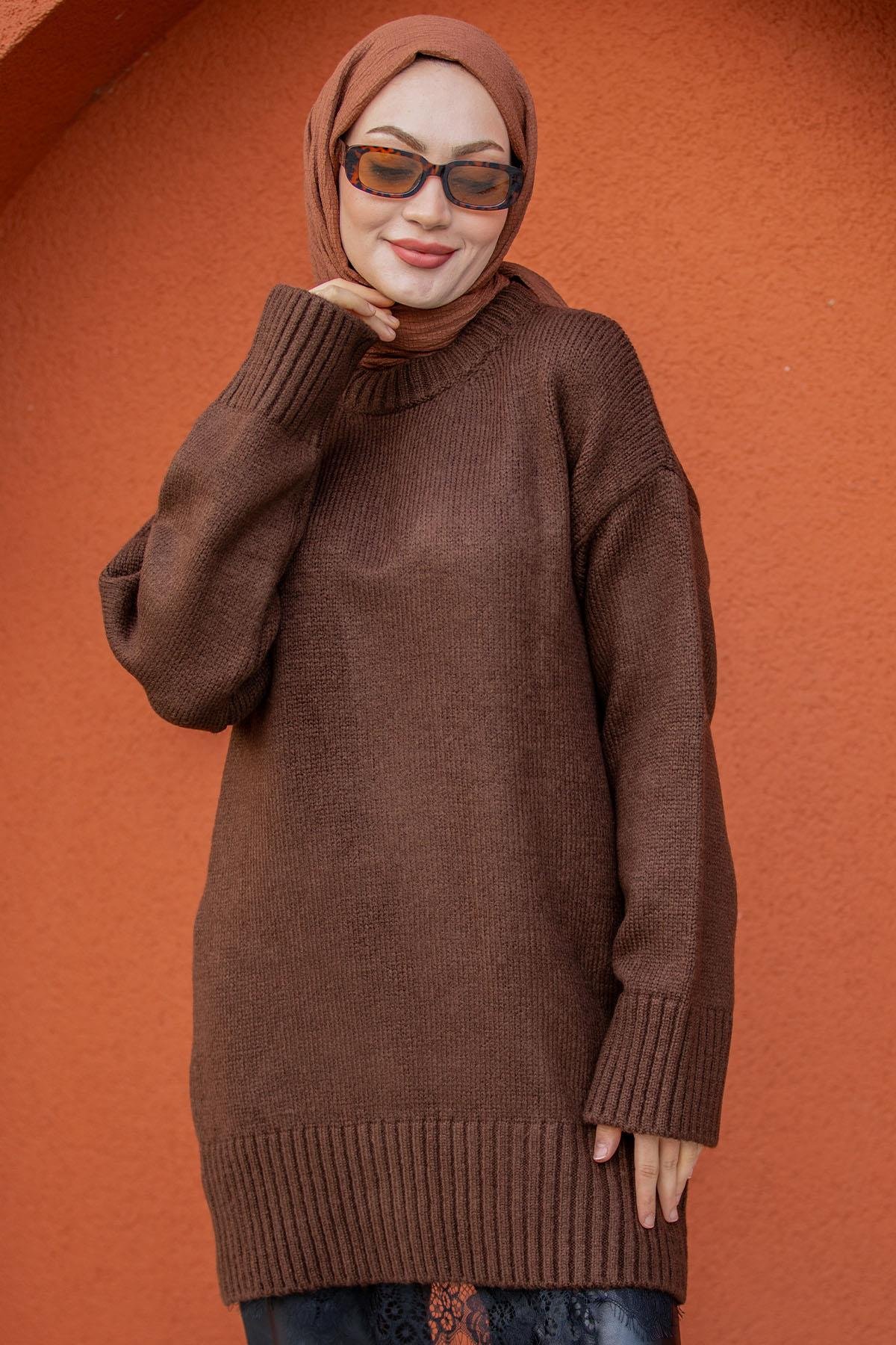 Yumoş Yün Triko Örme Kazak-Kahve