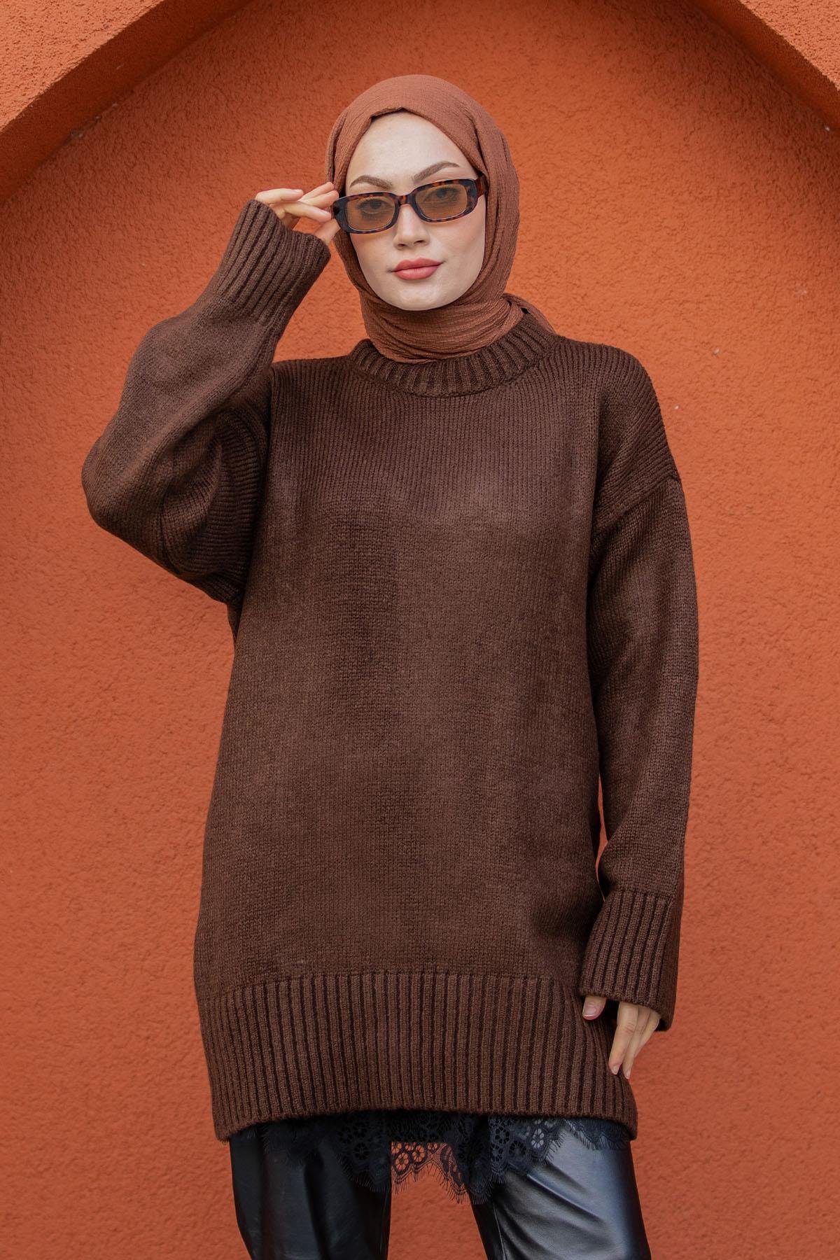 Yumoş Yün Triko Örme Kazak-Kahve