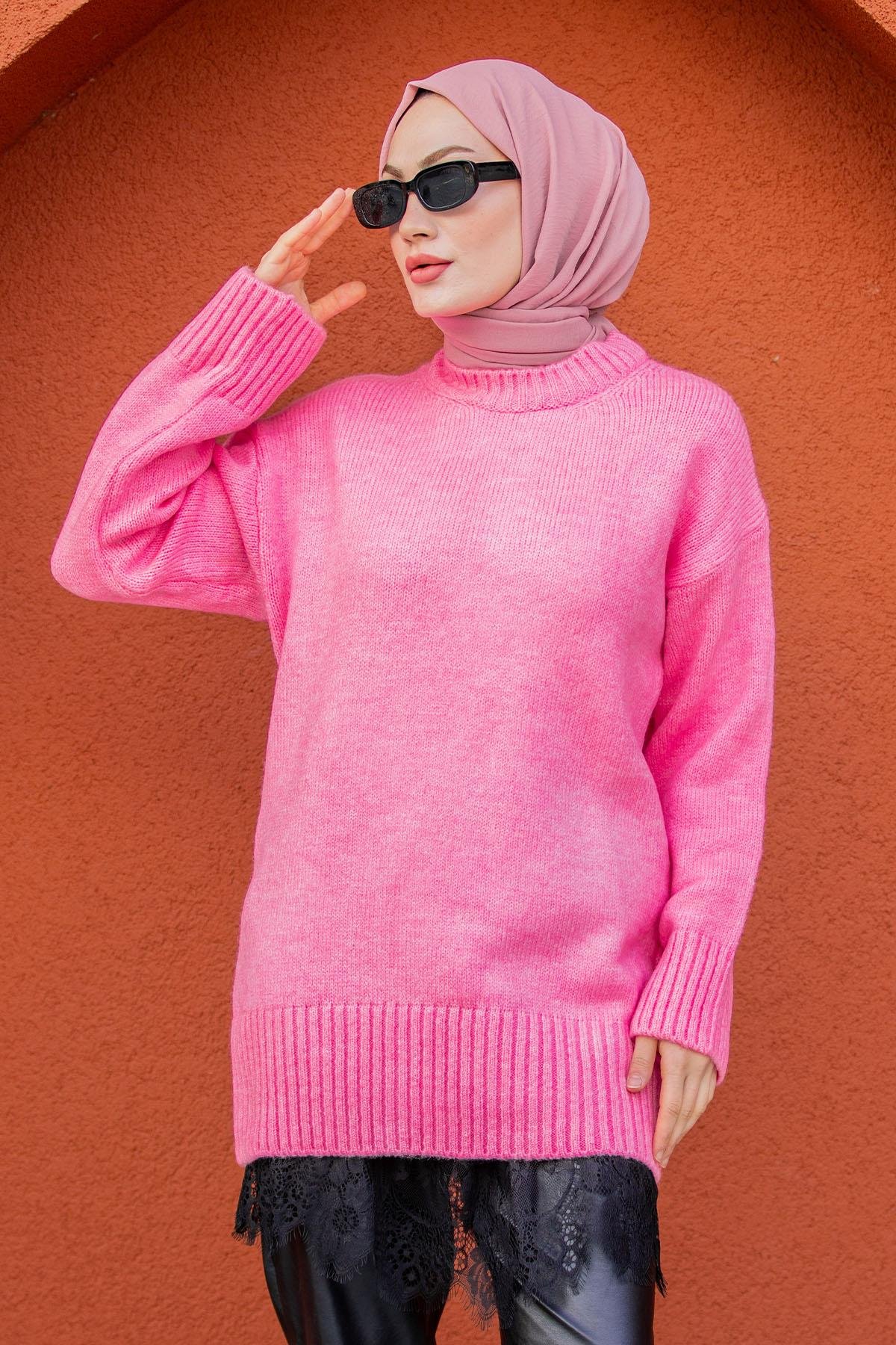 Yumoş Yün Triko Örme Kazak-Pembe