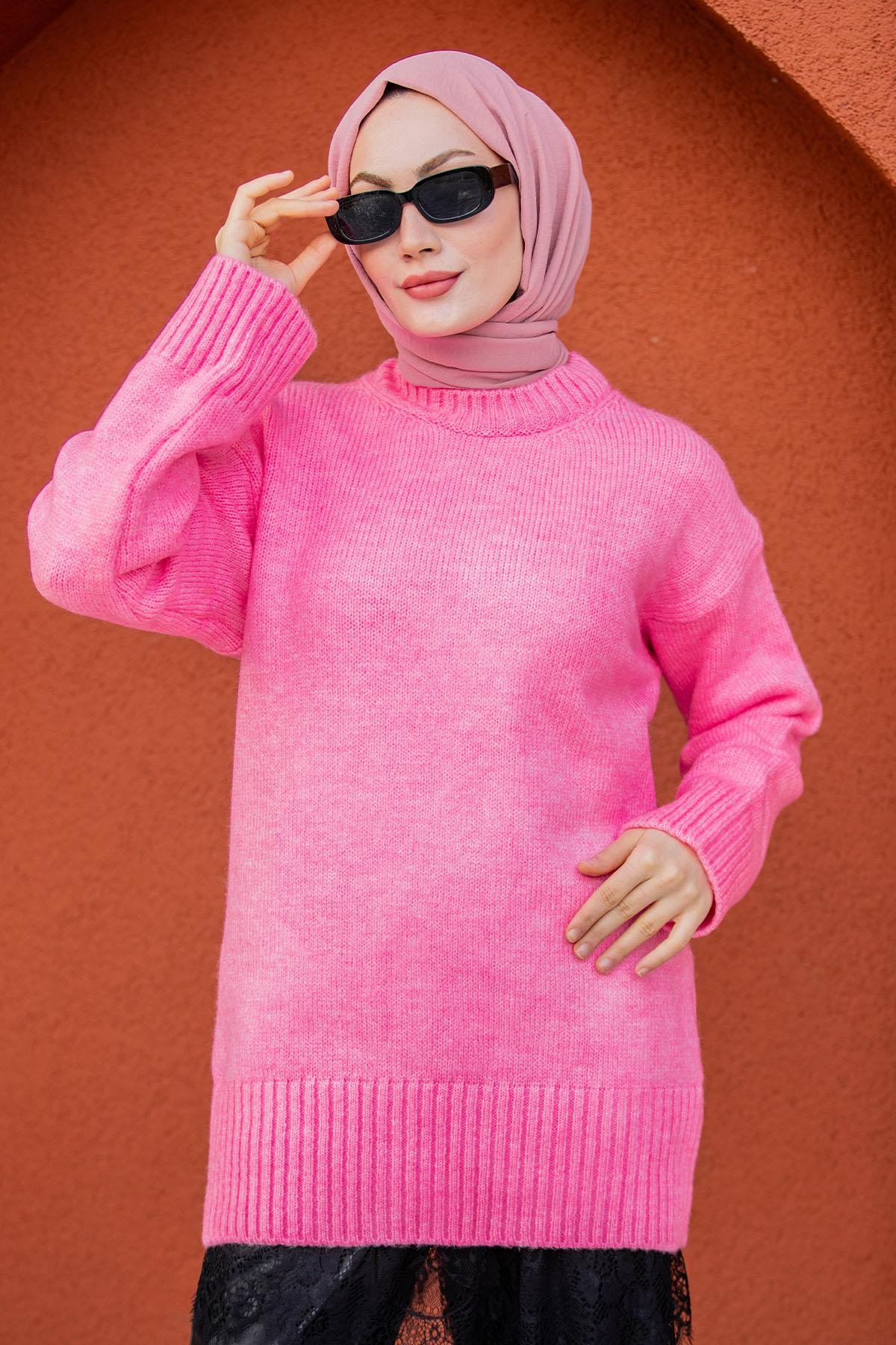 Yumoş Yün Triko Örme Kazak-Pembe