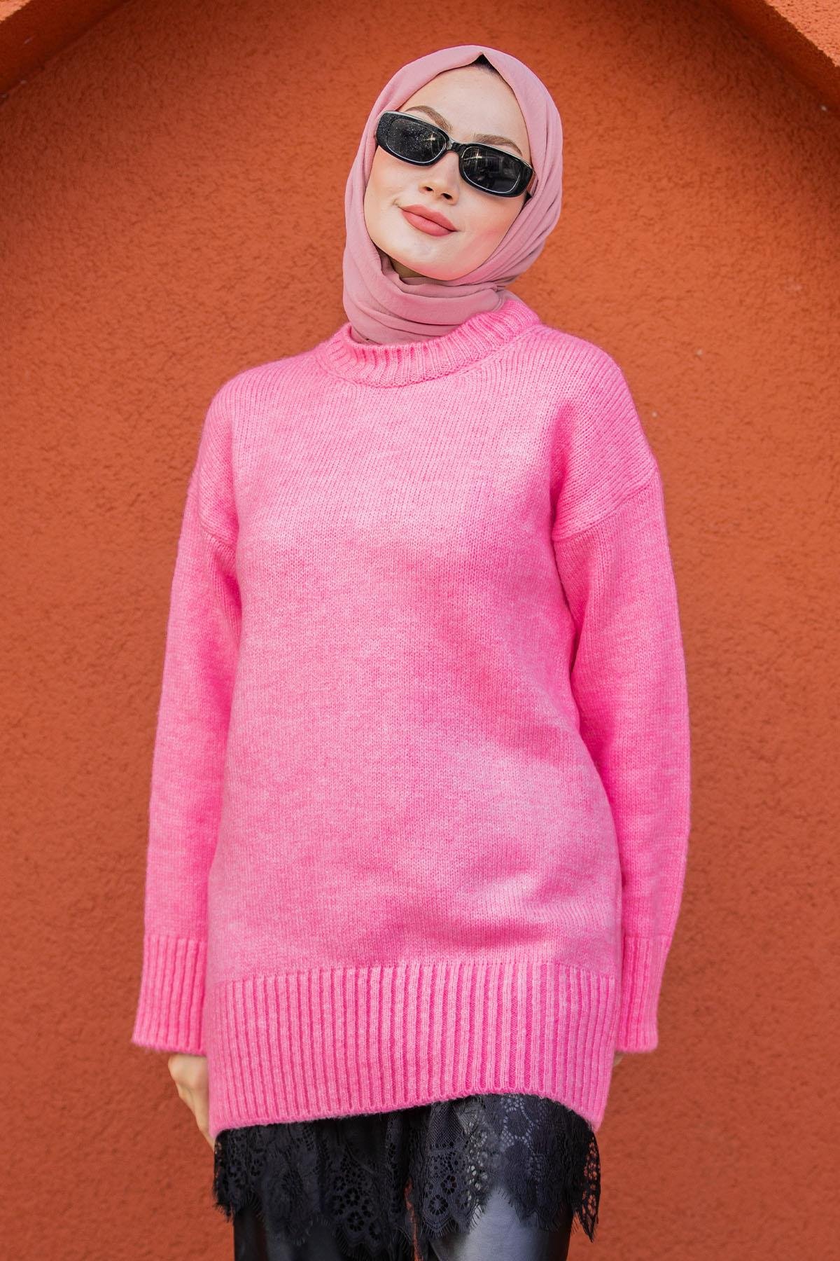 Yumoş Yün Triko Örme Kazak-Pembe