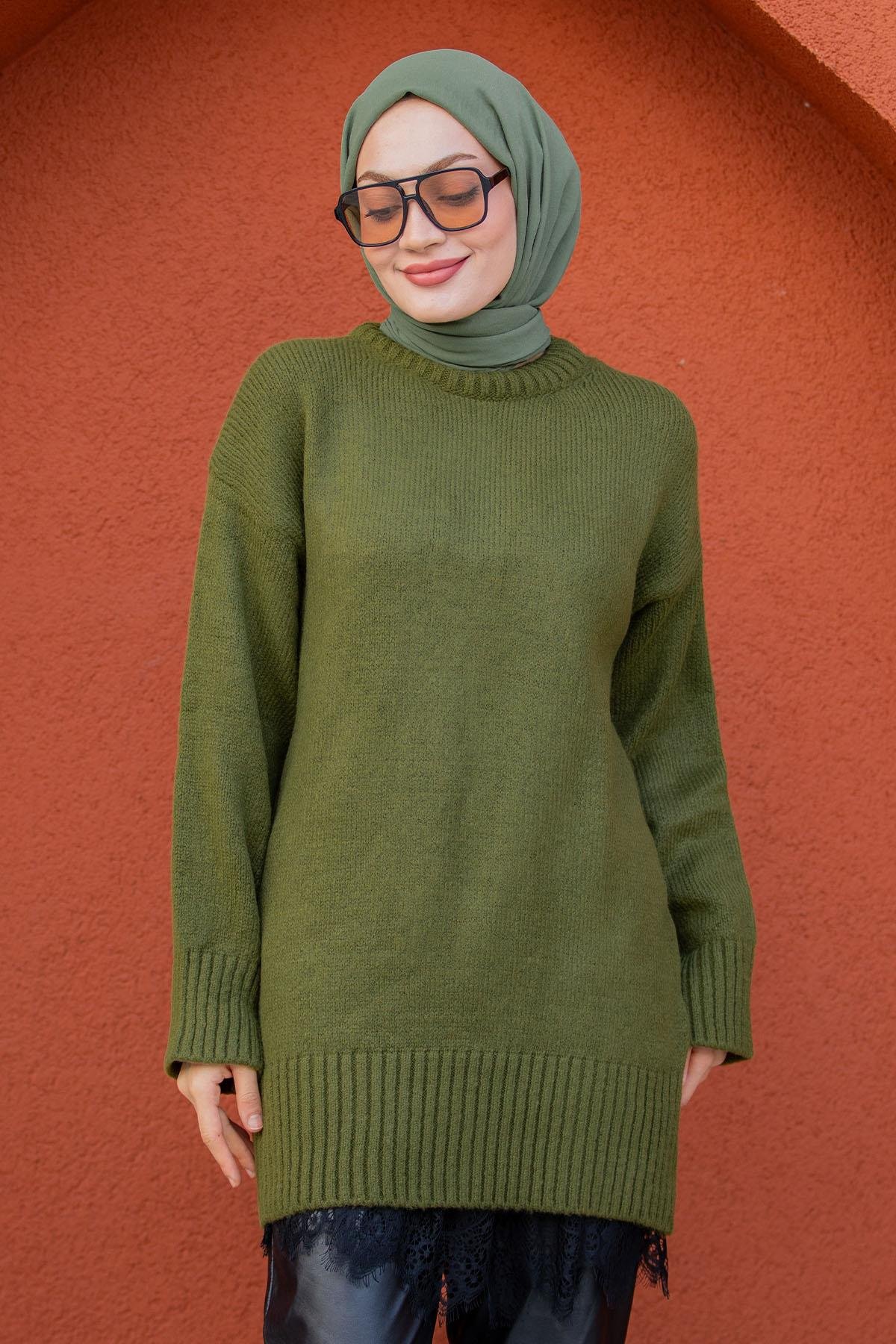 Yumoş Yün Triko Örme Kazak-Yeşil