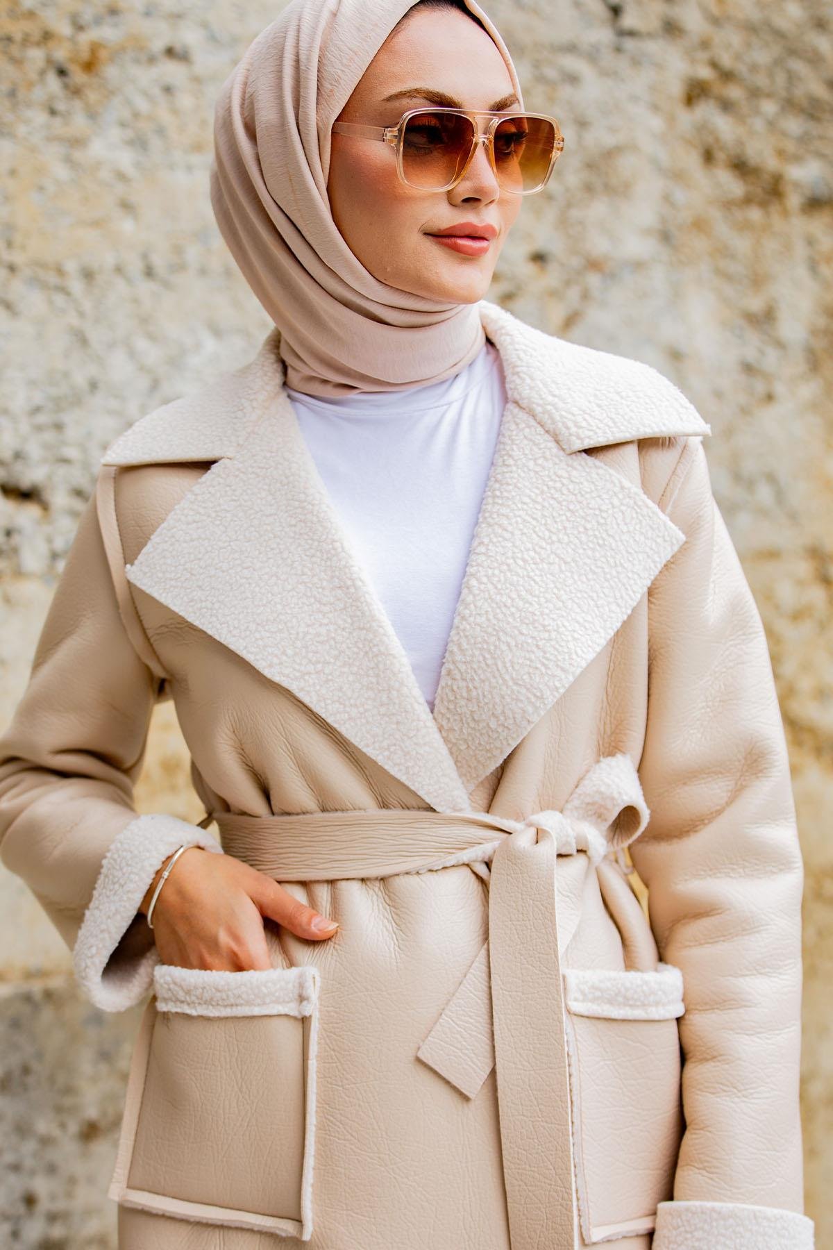 Yün Kaplamalı Deri Kaban-Bej