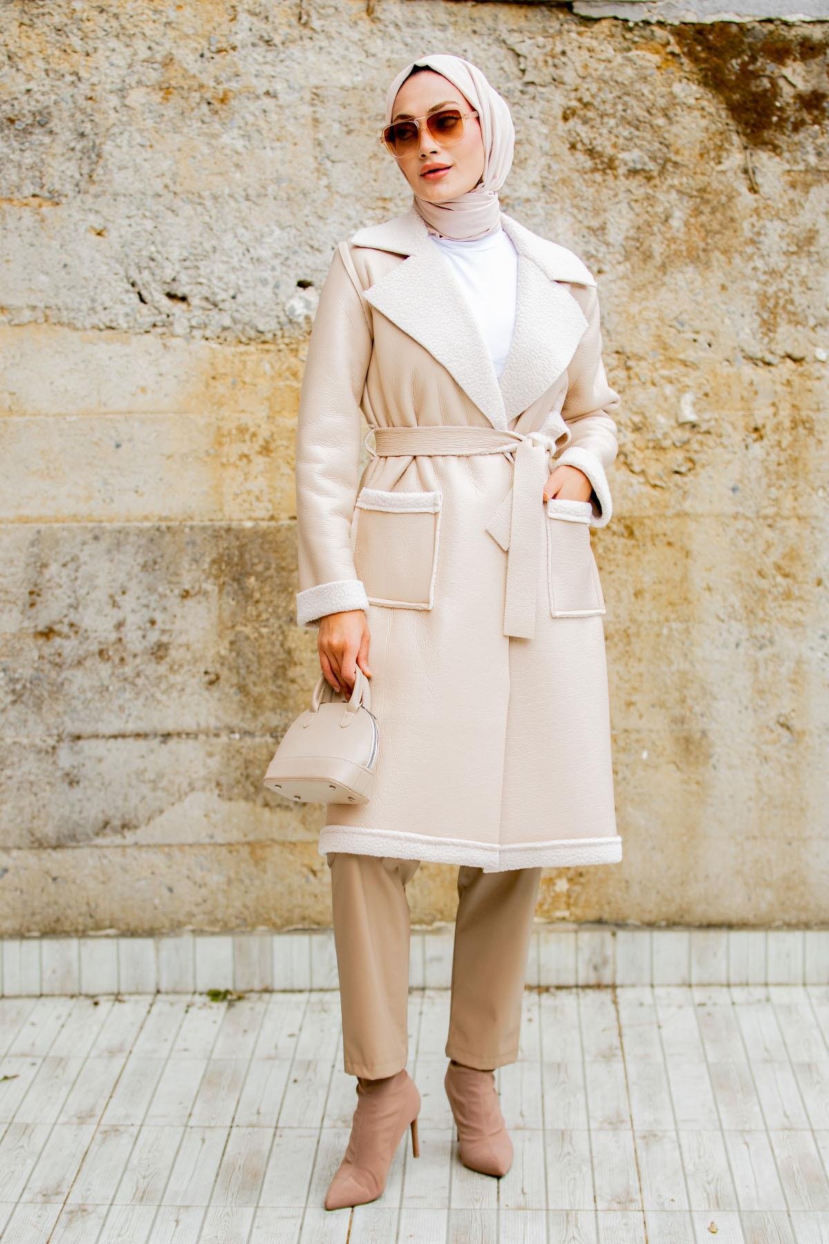 Yün Kaplamalı Deri Kaban-Bej