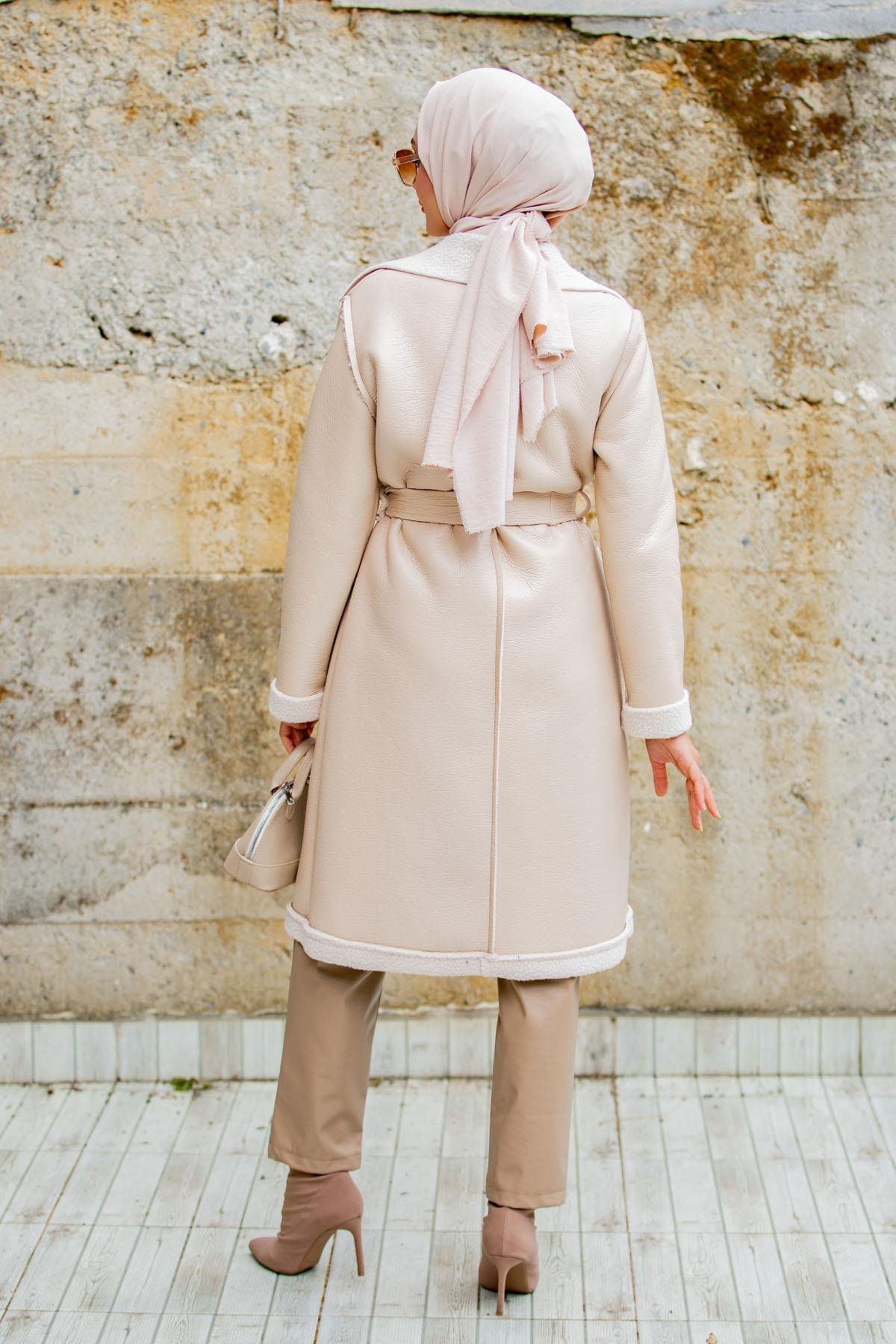 Yün Kaplamalı Deri Kaban-Bej