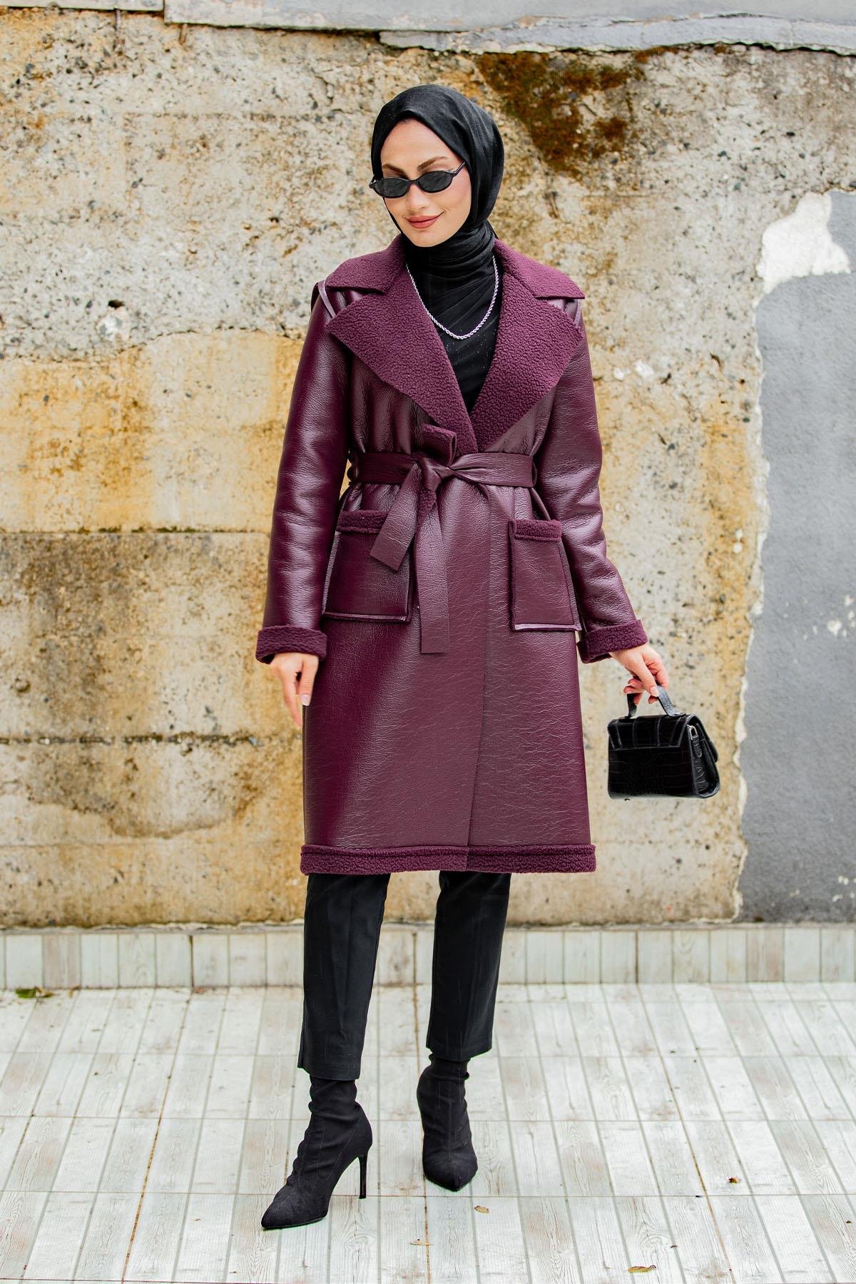 Yün Kaplamalı Deri Kaban-Bordo