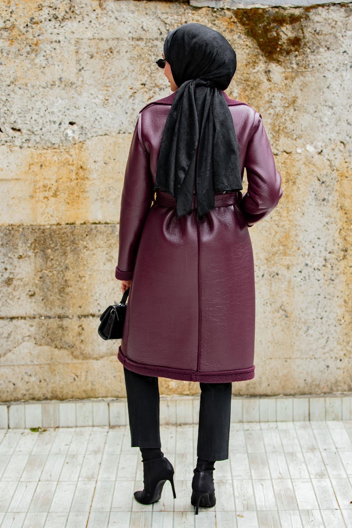 Yün Kaplamalı Deri Kaban-Bordo