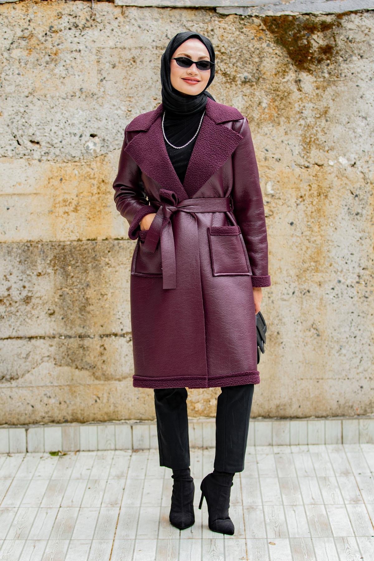 Yün Kaplamalı Deri Kaban-Bordo