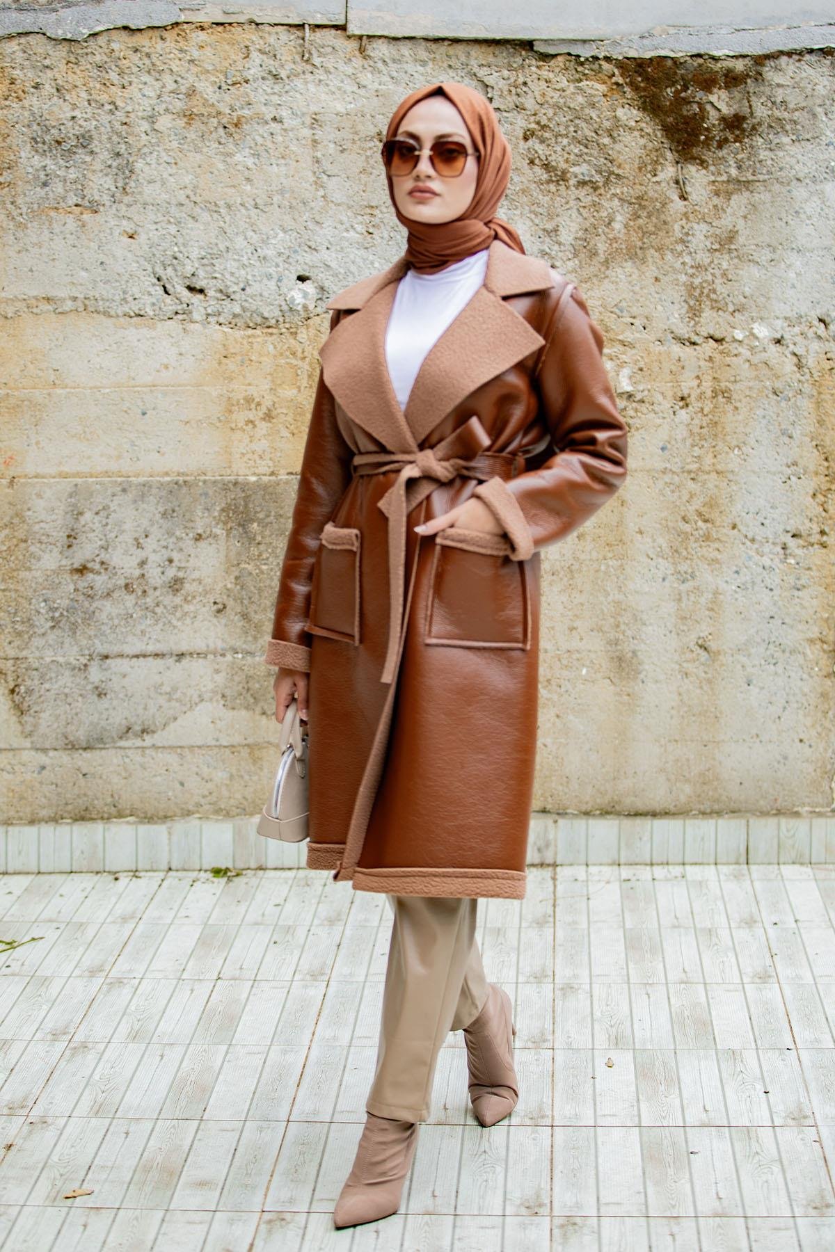 Yün Kaplamalı Deri Kaban-Kahve