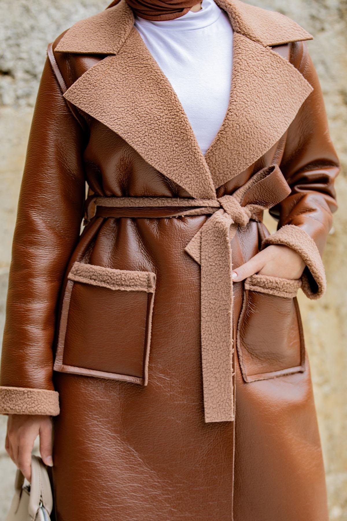 Yün Kaplamalı Deri Kaban-Kahve