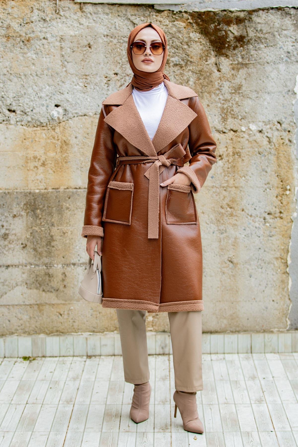 Yün Kaplamalı Deri Kaban-Kahve