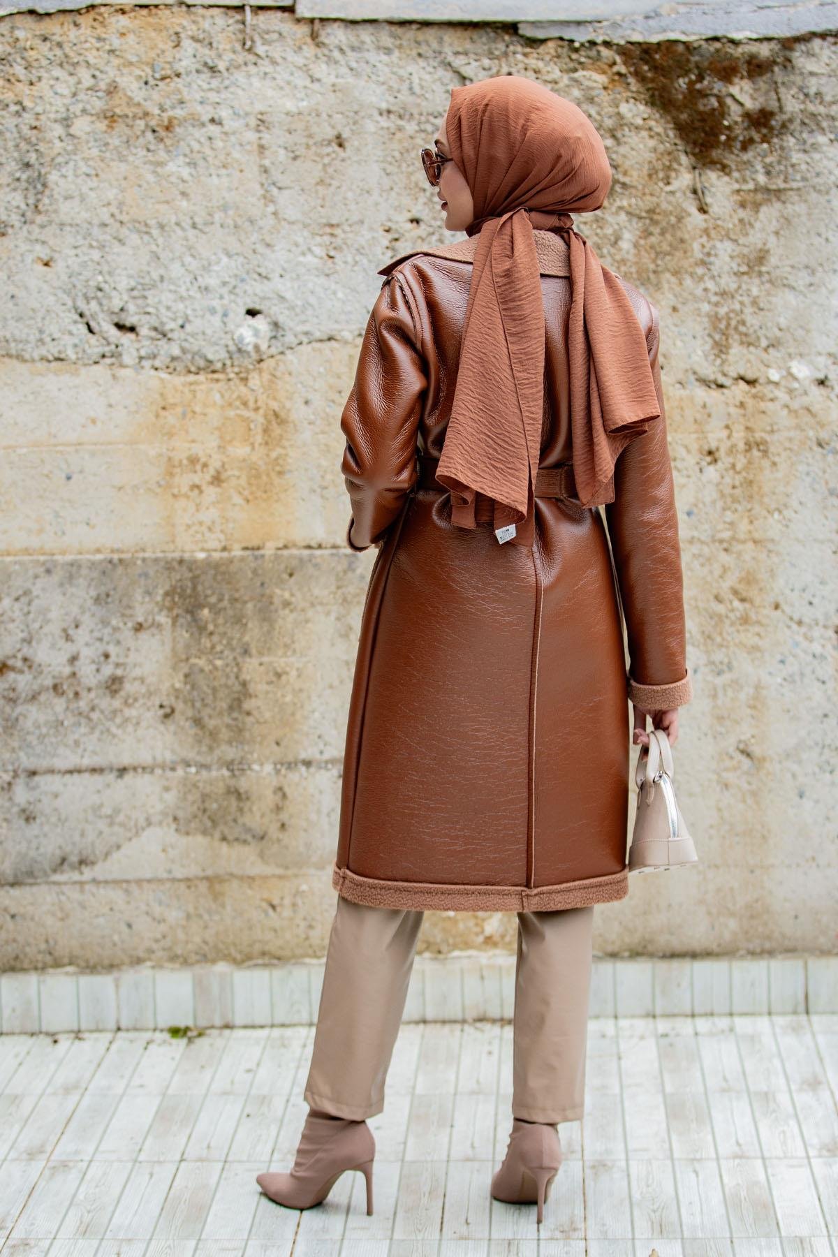 Yün Kaplamalı Deri Kaban-Kahve