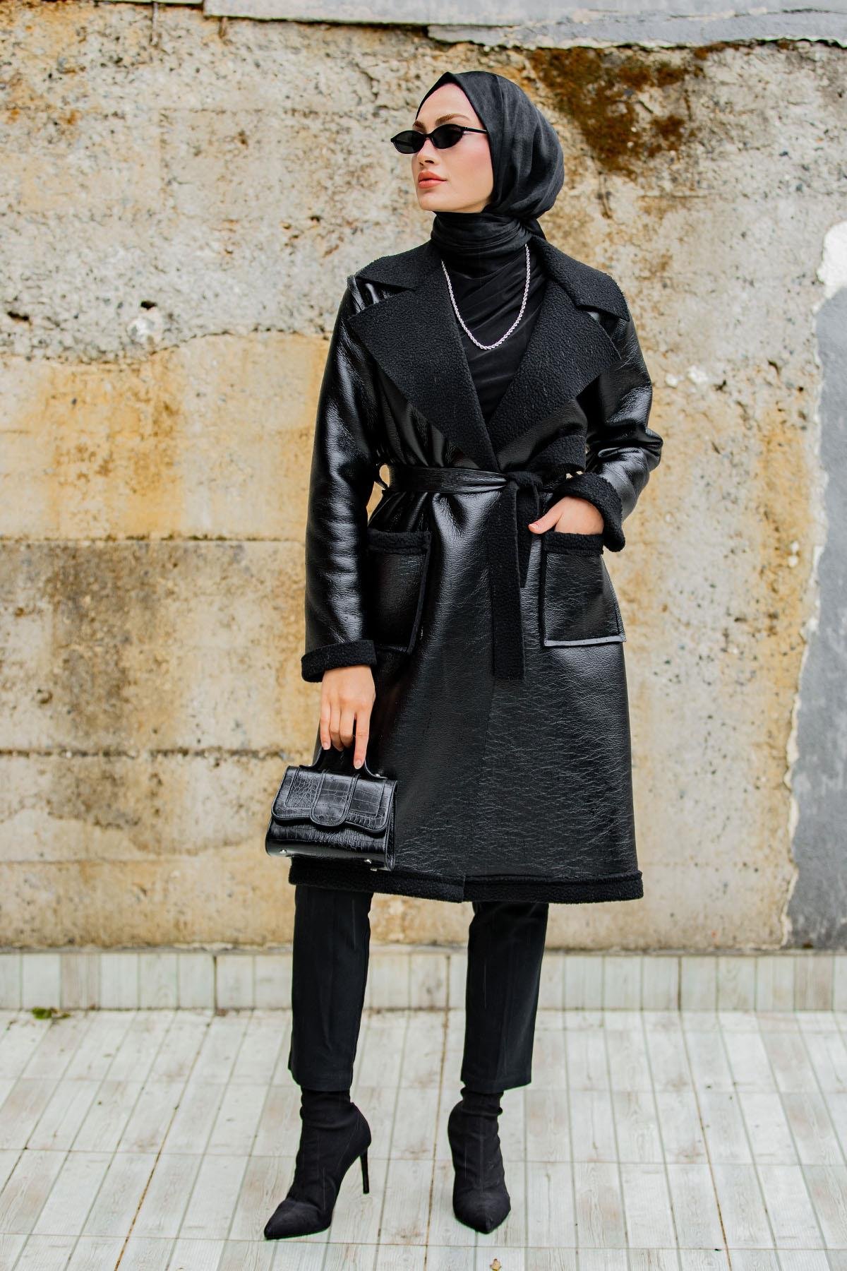 Yün Kaplamalı Deri Kaban-Siyah