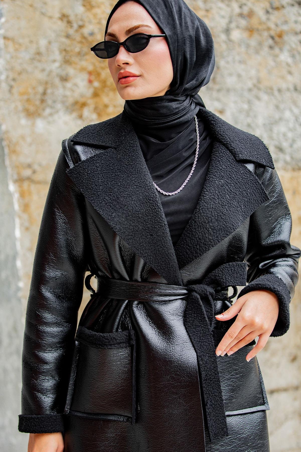 Yün Kaplamalı Deri Kaban-Siyah