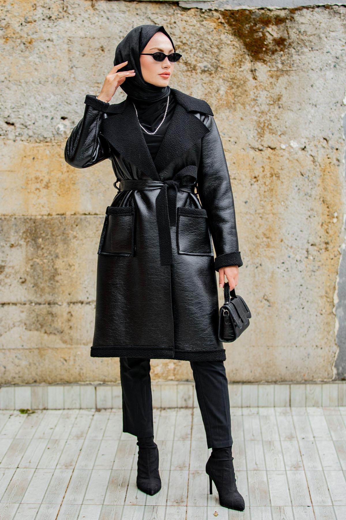 Yün Kaplamalı Deri Kaban-Siyah