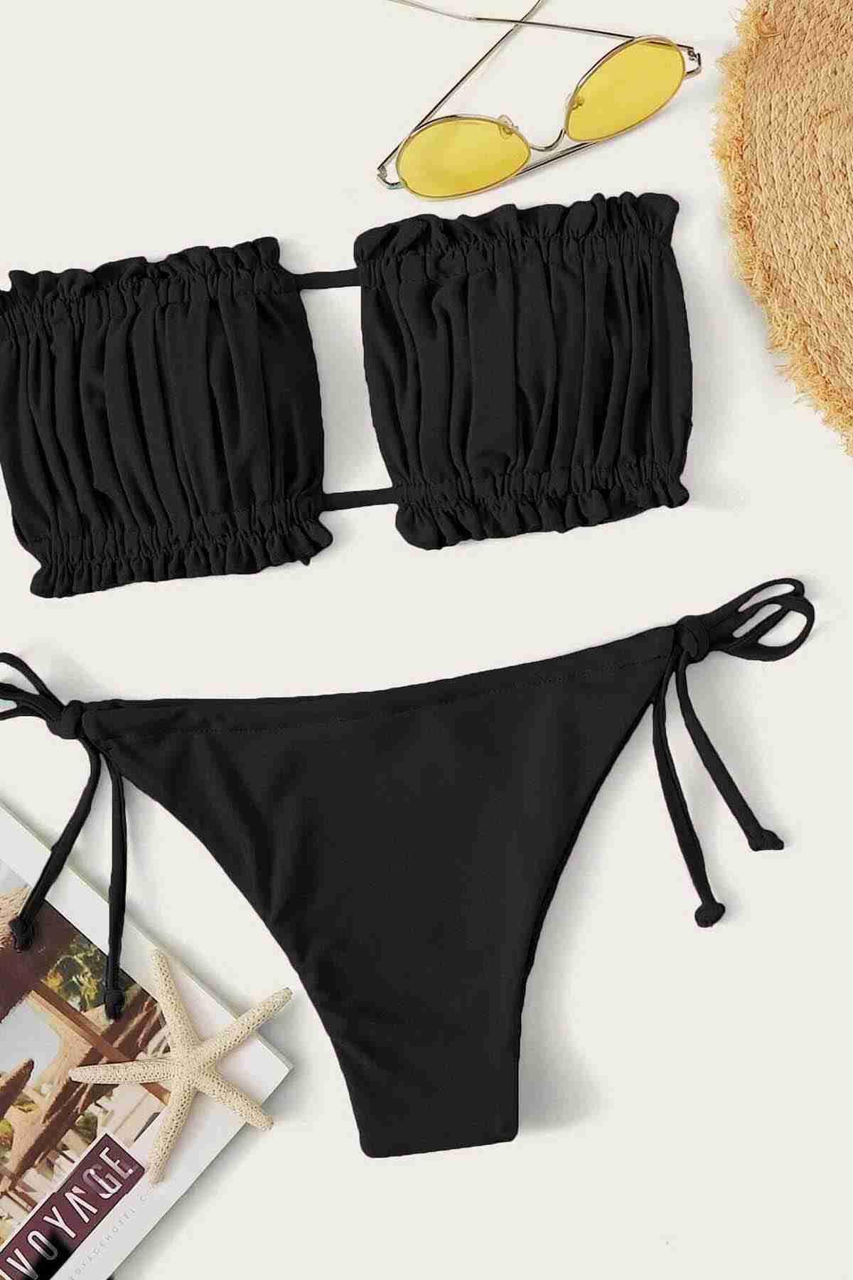 Angelsin Brezilya Model Büzgülü Bağlamalı Bikini üst Siyah