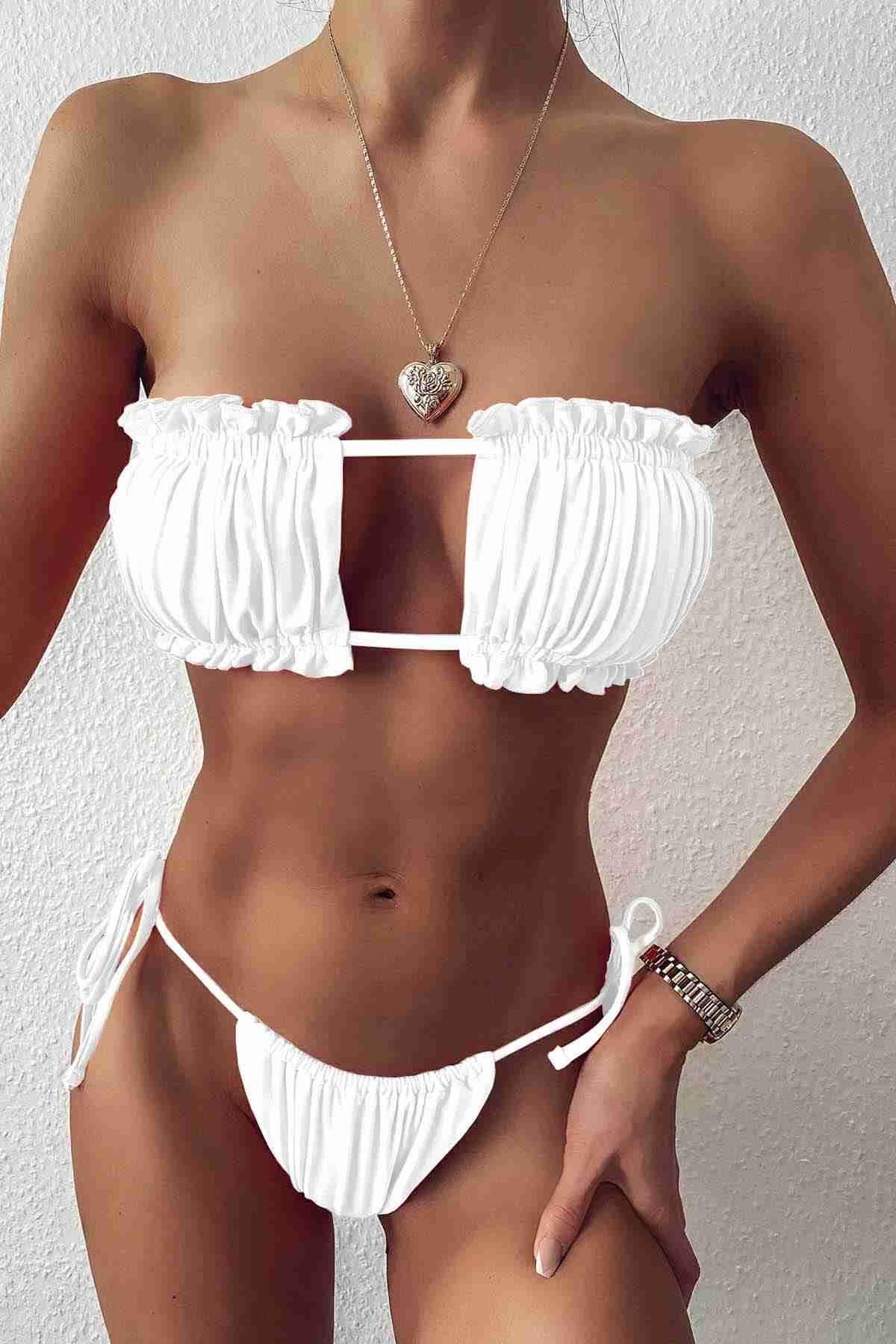 Angelsin Brezilya Model Büzgülü Bağlamalı Bikini üst Beyaz