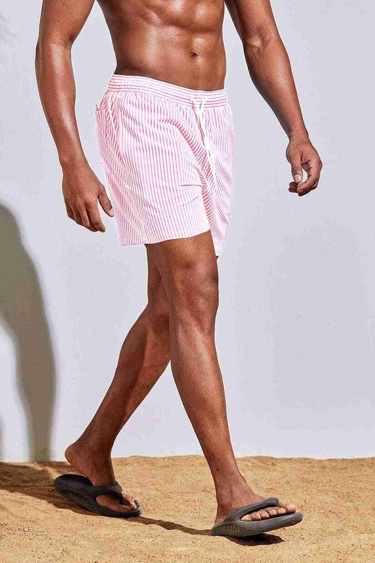 Angelsin Erkek Basic Standart Boy İnce Çizgili Baskılı Mayo Cepli Deniz Şortu Pembe