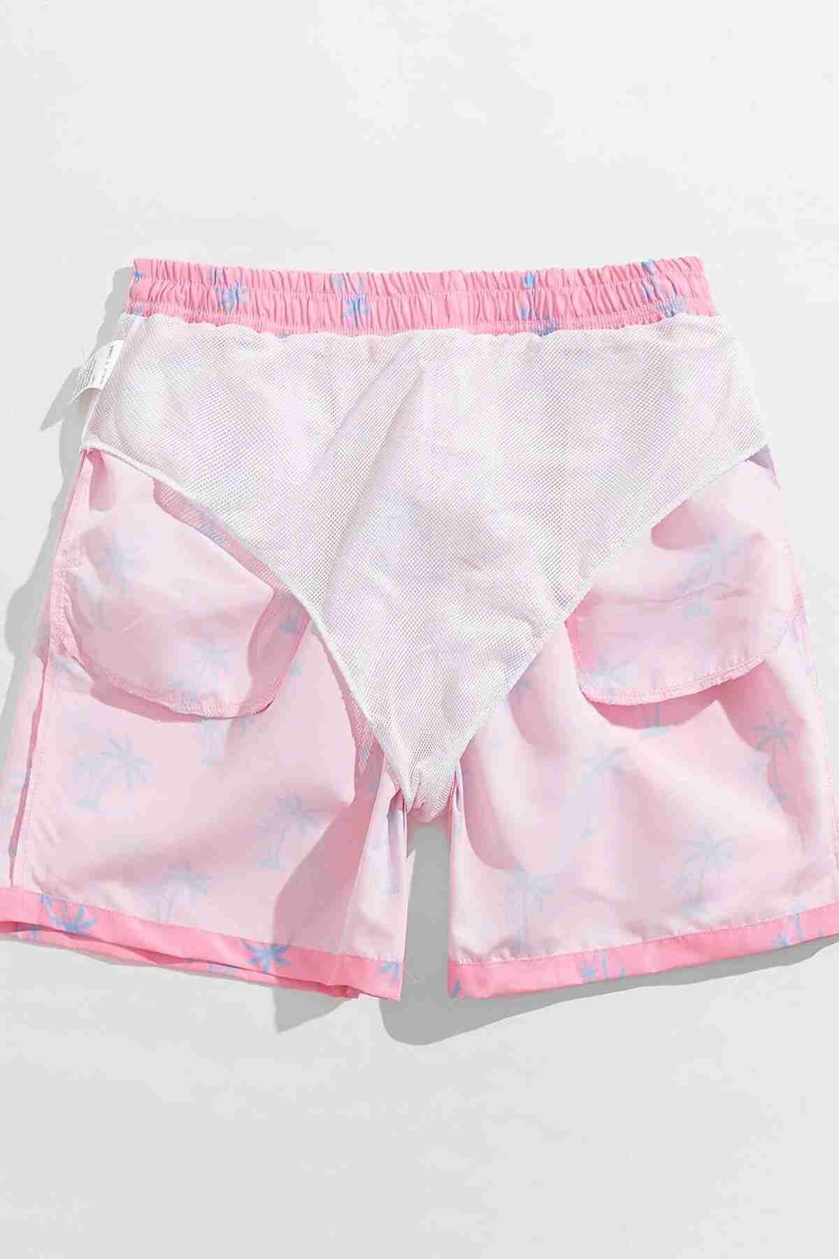 Angelsin Erkek Basic Standart Boy Şık Palmiye Baskılı Mayo Cepli Deniz Şortu Pembe