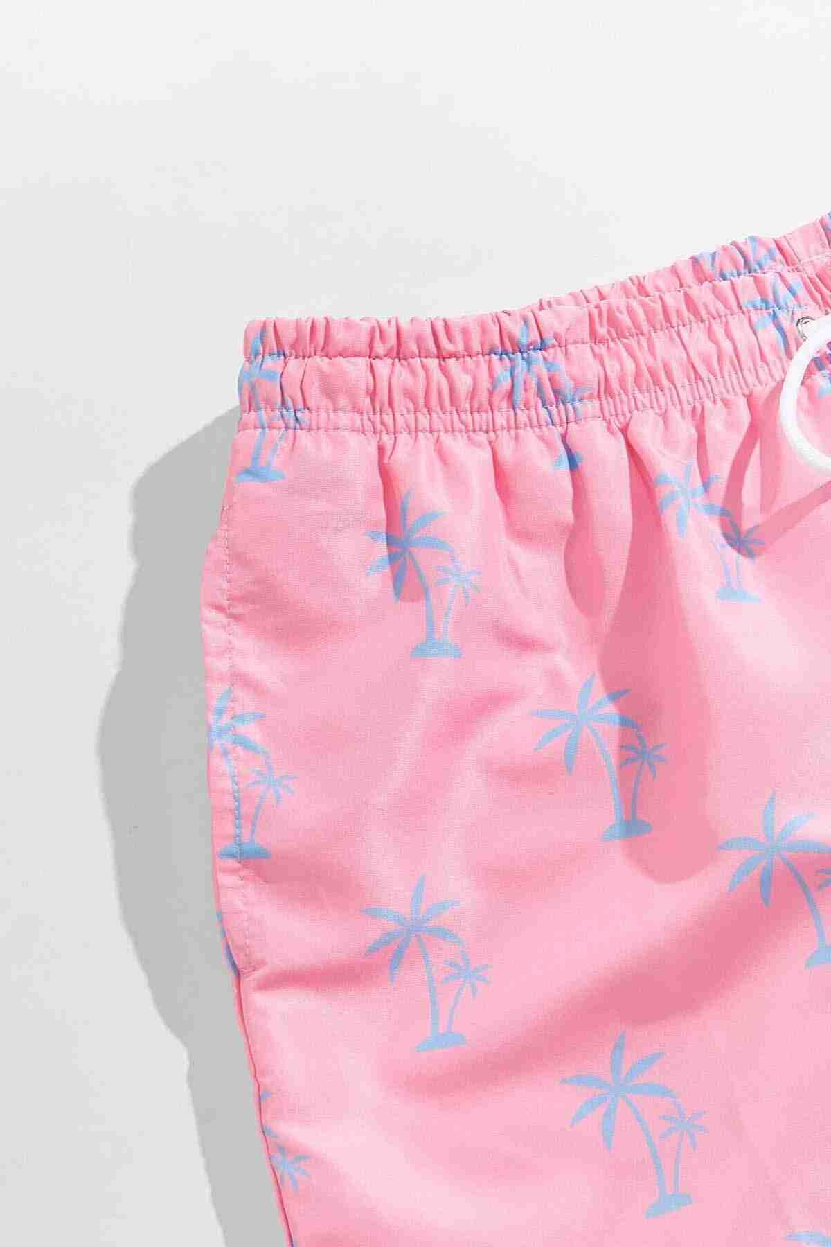 Angelsin Erkek Basic Standart Boy Şık Palmiye Baskılı Mayo Cepli Deniz Şortu Pembe