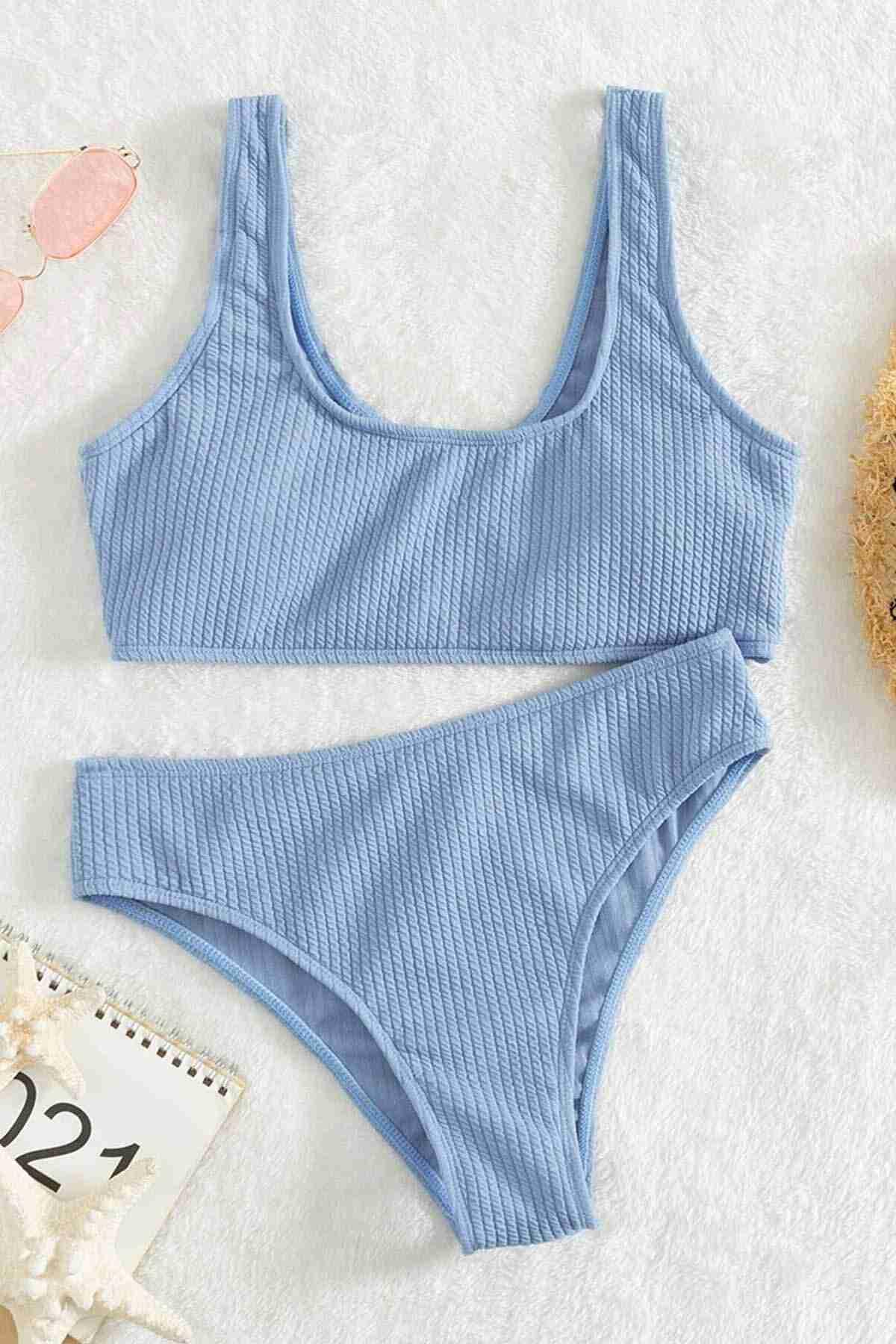 Angelsin Özel Fitilli Kumaş Yüksek Bel Tankini Bikini Takım Mavi