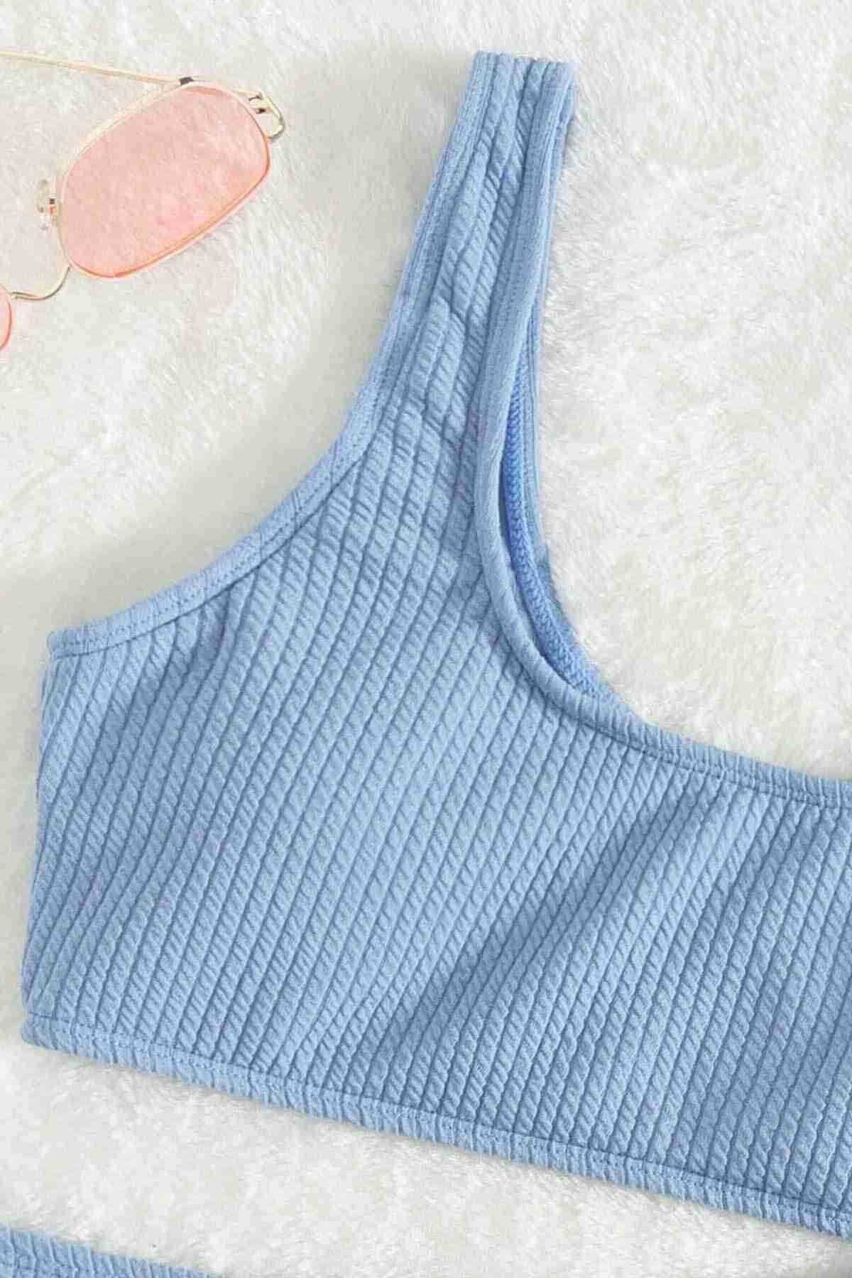 Angelsin Özel Fitilli Kumaş Yüksek Bel Tankini Bikini Takım Mavi