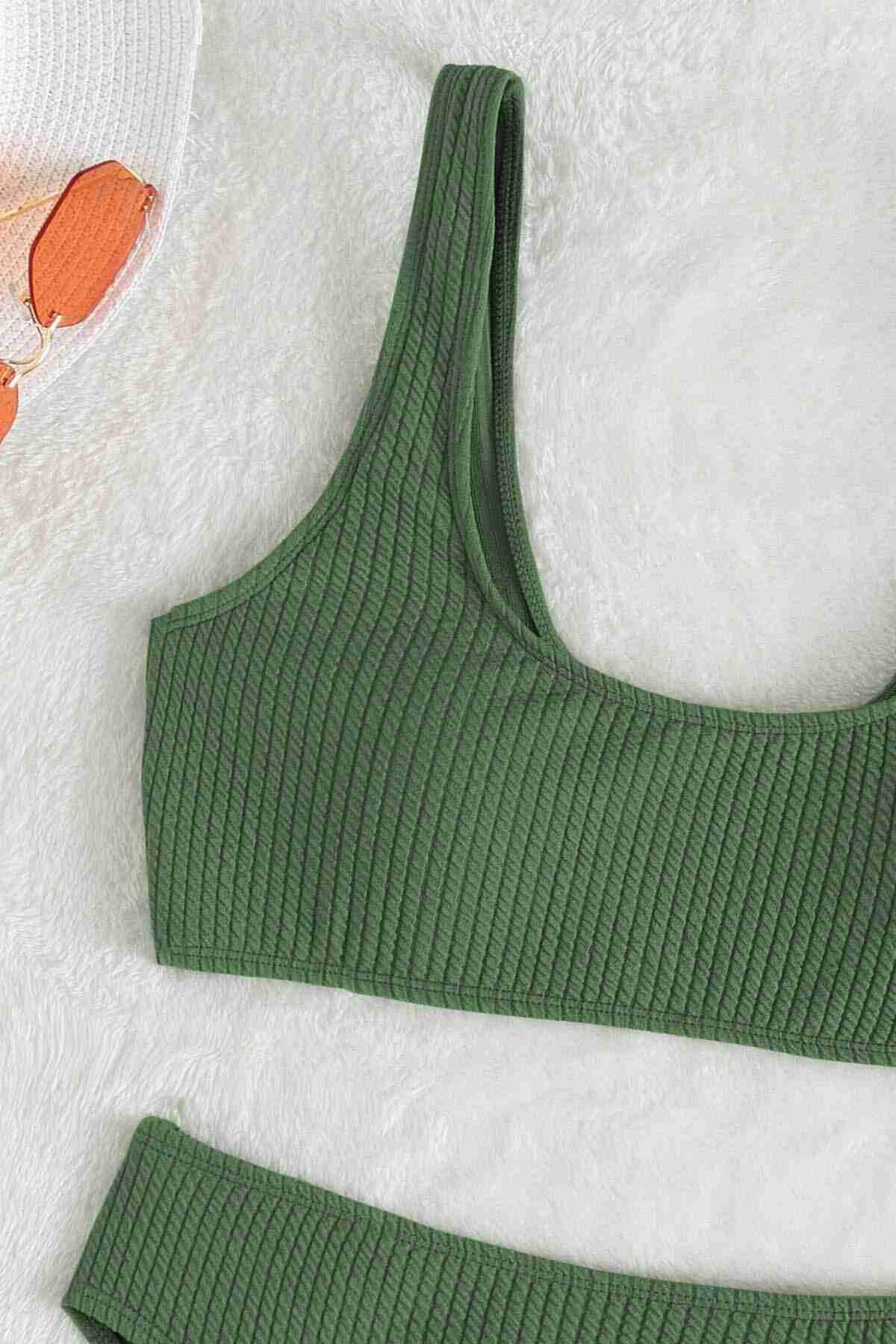 Angelsin Özel Fitilli Kumaş Yüksek Bel Tankini Bikini Takım Yeşil