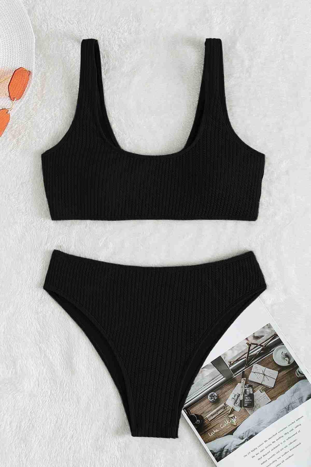 Angelsin Özel Fitilli Kumaş Yüksek Bel Tankini Bikini Takım Siyah