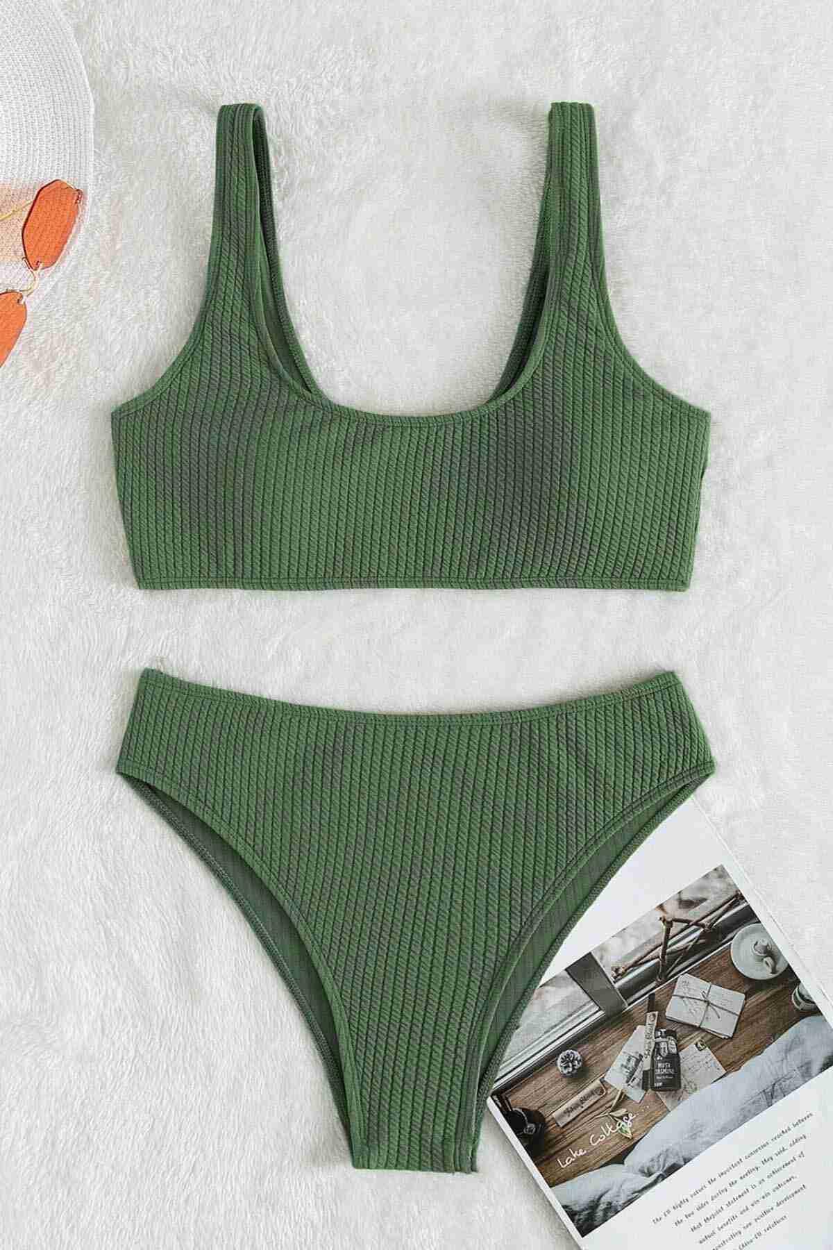 Angelsin Özel Fitilli Kumaş Yüksek Bel Tankini Bikini Takım Yeşil