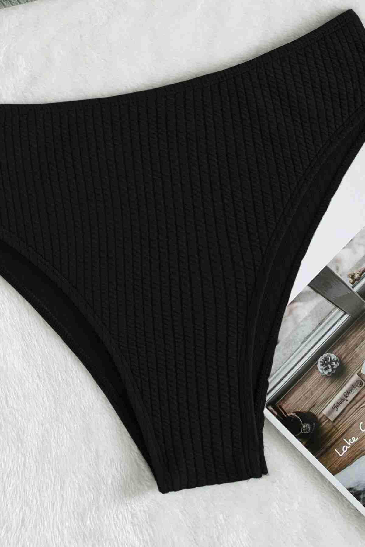 Angelsin Özel Fitilli Kumaş Yüksek Bel Tankini Bikini Takım Siyah