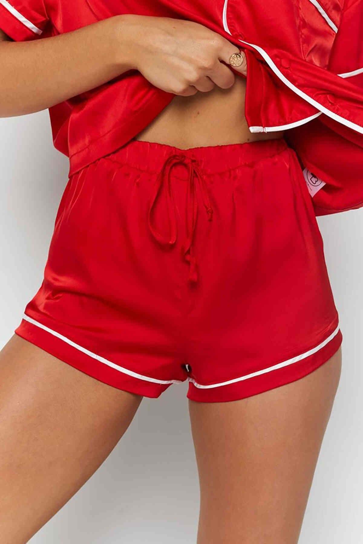 Merry See Ara Biyeli Saten Şortlu Pijama Takım Kırmızı