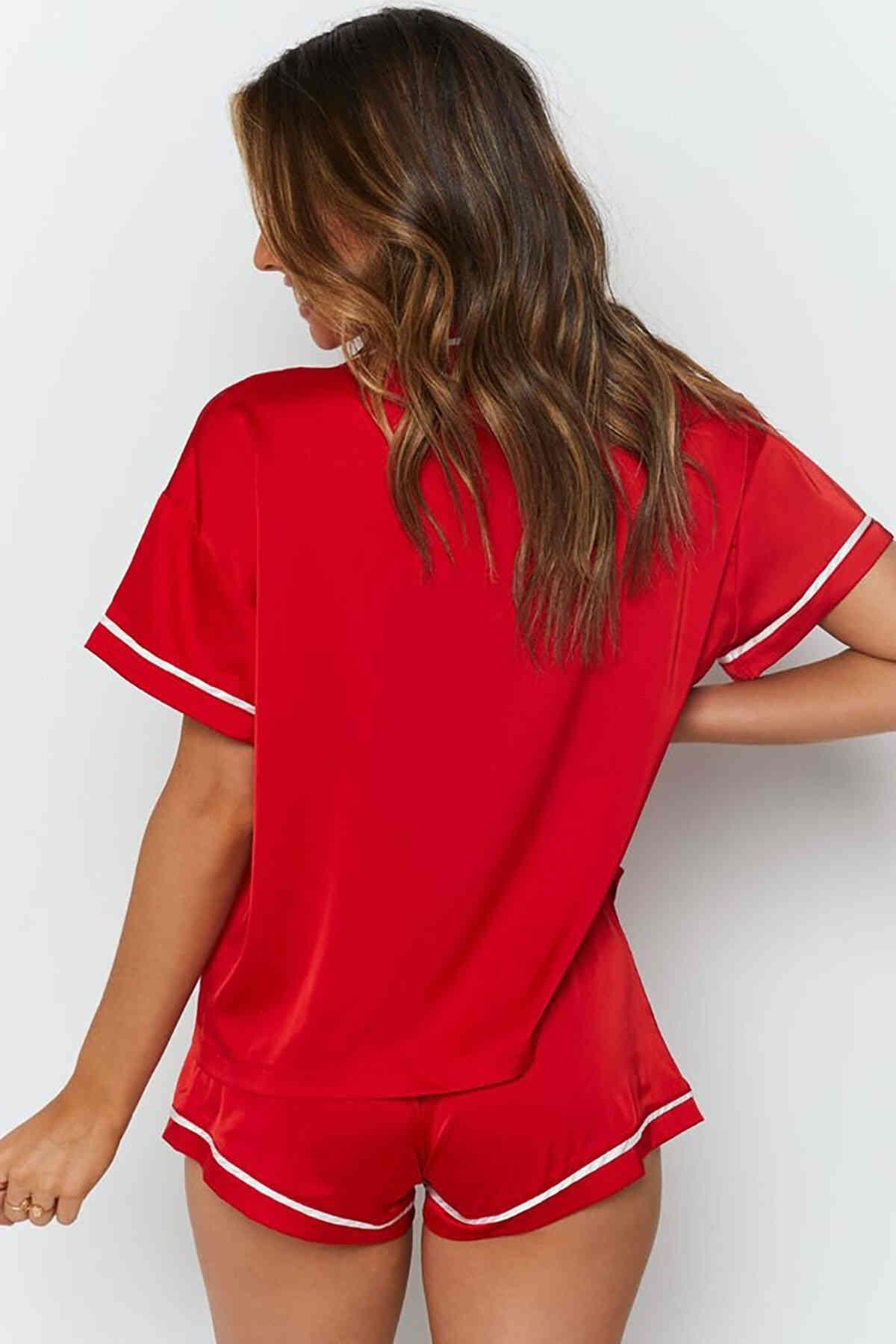 Merry See Ara Biyeli Saten Şortlu Pijama Takım Kırmızı