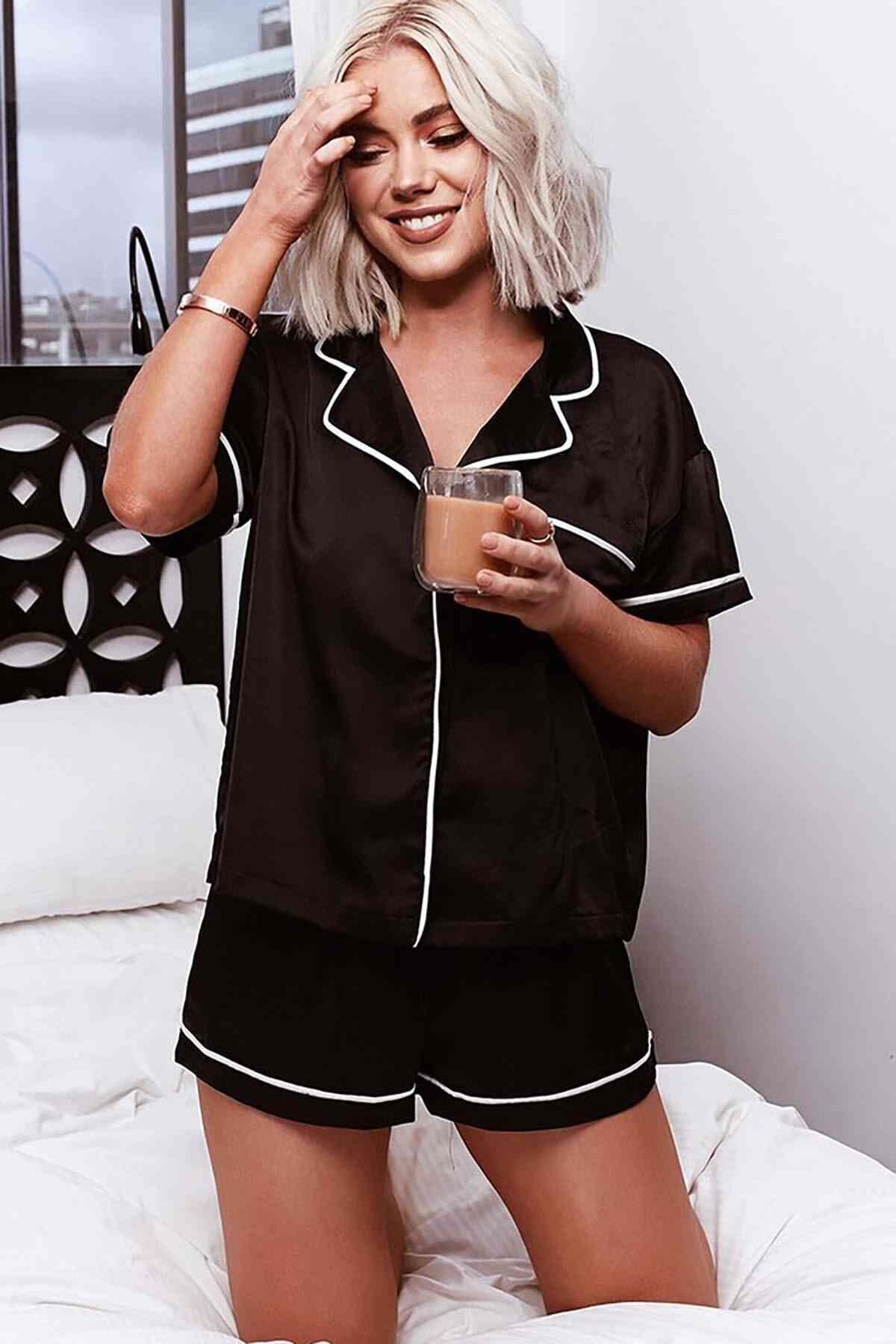 Merry See Ara Biyeli Saten Şortlu Pijama Takım Siyah