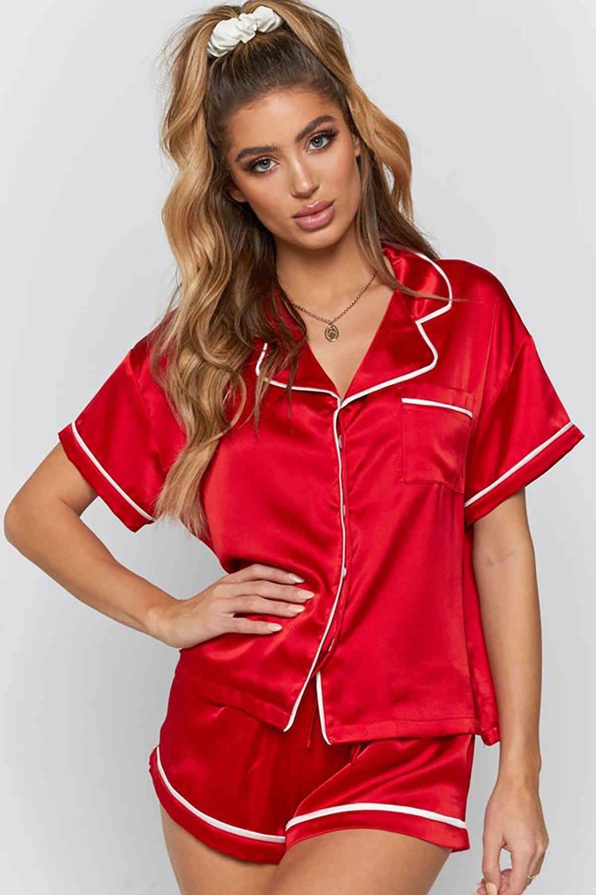 Merry See Ara Biyeli Saten Şortlu Pijama Takım Kırmızı