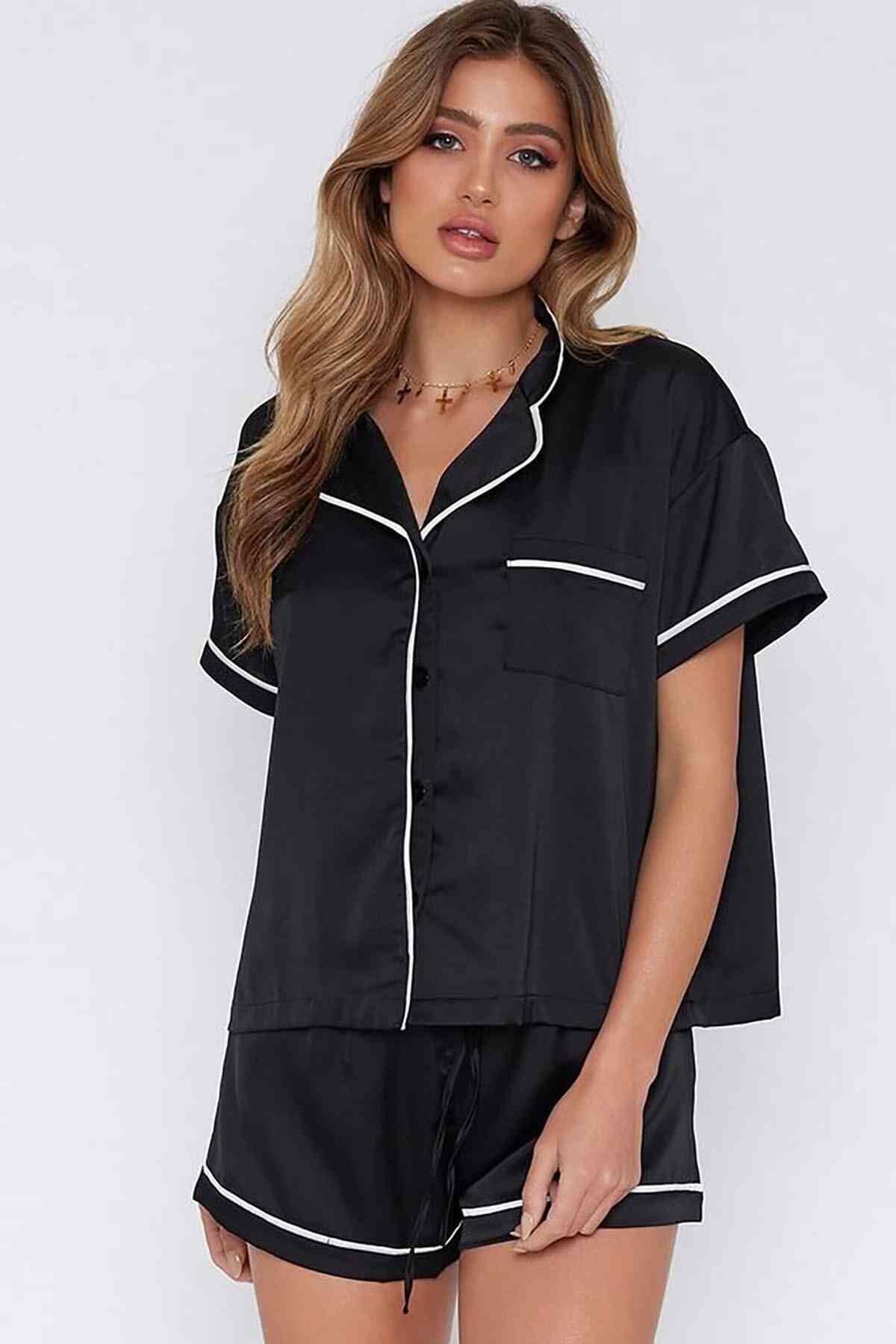 Merry See Ara Biyeli Saten Şortlu Pijama Takım Siyah
