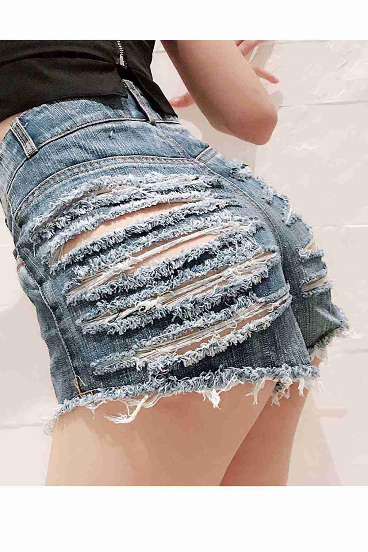 Merry See Arkası Yırtık Detaylı Denim Kot Şort Mavi