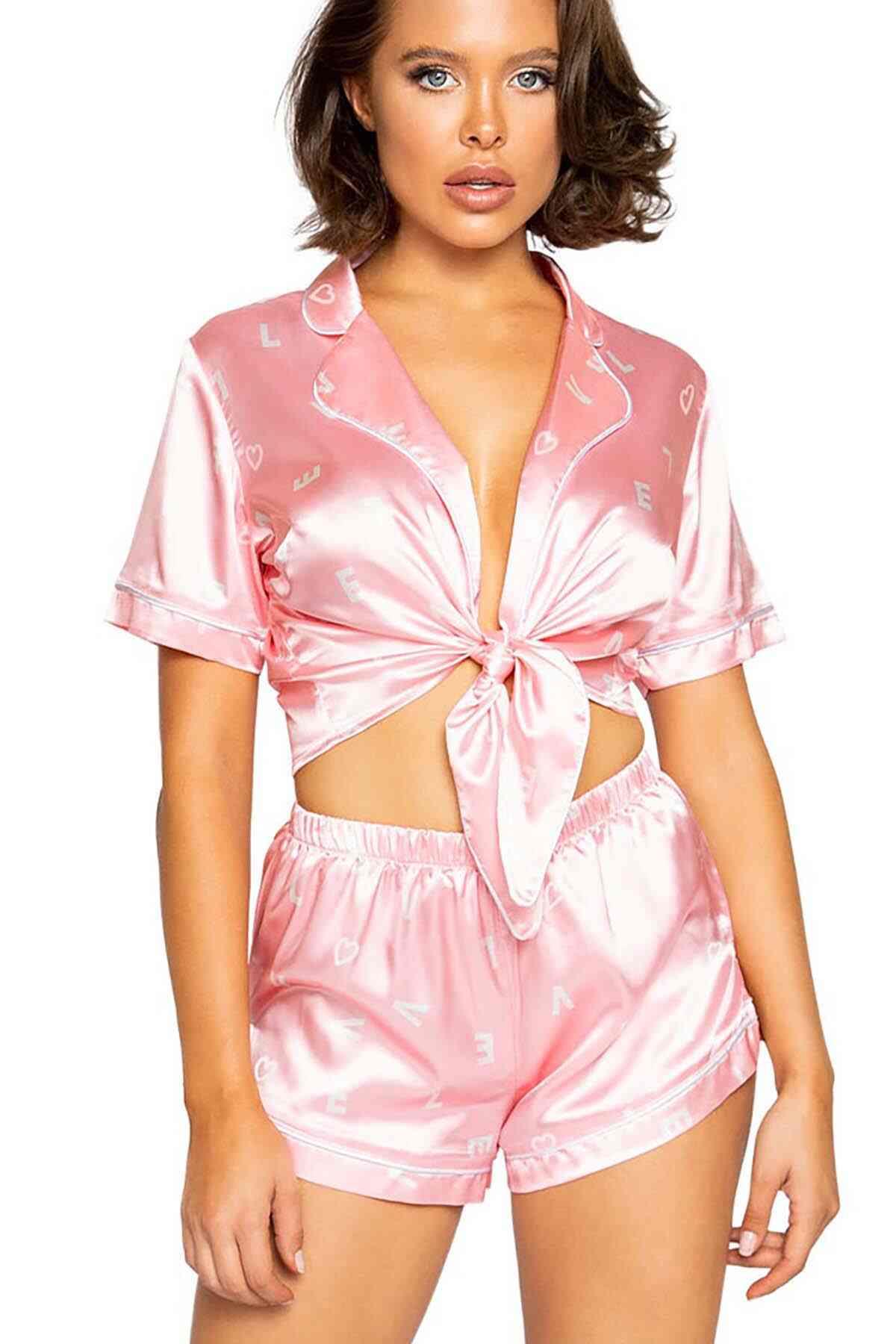 Merry See Baskılı Özel Tasarım Saten Şortlu Pijama Takım Pembe